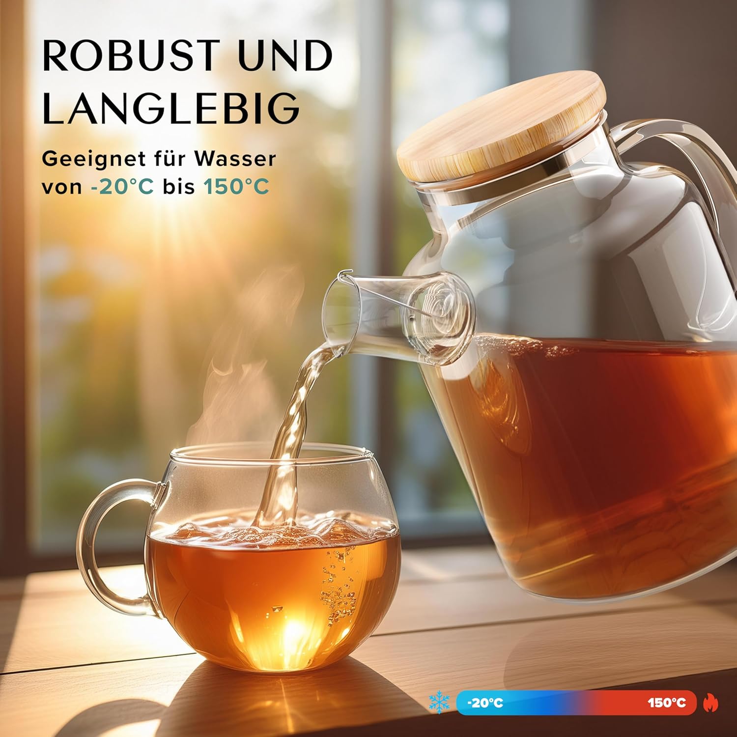 Wasserkaraffe/Glaskaraffe mit Deckel 1,5 litru - Auch als Teekanne Glas mit Siebeinsatz - Robuste Karaffe Glaskrug mit Bambus Deckel