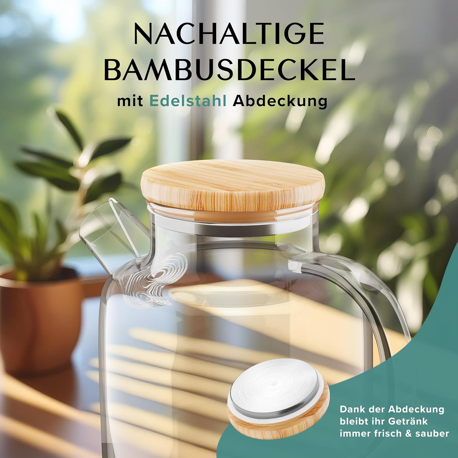 Wasserkaraffe/Glaskaraffe mit Deckel 1,5 litru - Auch als Teekanne Glas mit Siebeinsatz - Robuste Karaffe Glaskrug mit Bambus Deckel