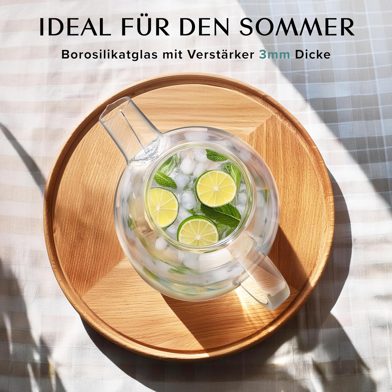 Wasserkaraffe/Glaskaraffe mit Deckel 1,5 litru - Auch als Teekanne Glas mit Siebeinsatz - Robuste Karaffe Glaskrug mit Bambus Deckel