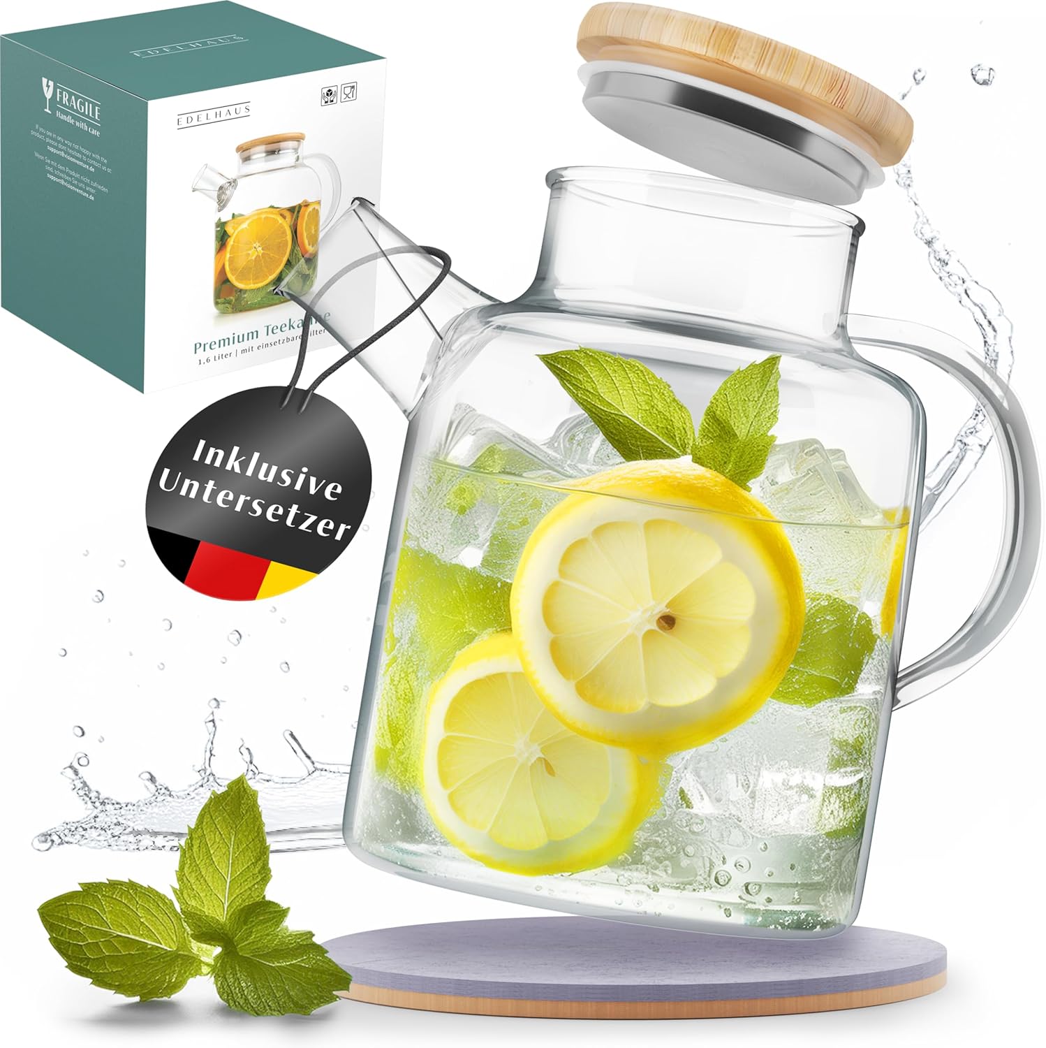 Wasserkaraffe/Glaskaraffe mit Deckel 1,5 litru - Auch als Teekanne Glas mit Siebeinsatz - Robuste Karaffe Glaskrug mit Bambus Deckel