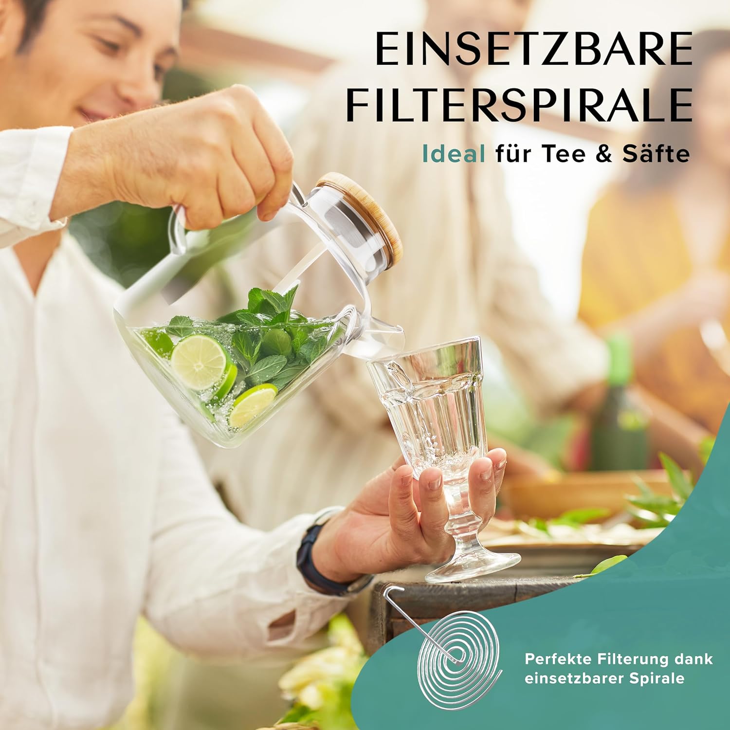 Wasserkaraffe/Glaskaraffe mit Deckel 1,5 litru - Auch als Teekanne Glas mit Siebeinsatz - Robuste Karaffe Glaskrug mit Bambus Deckel