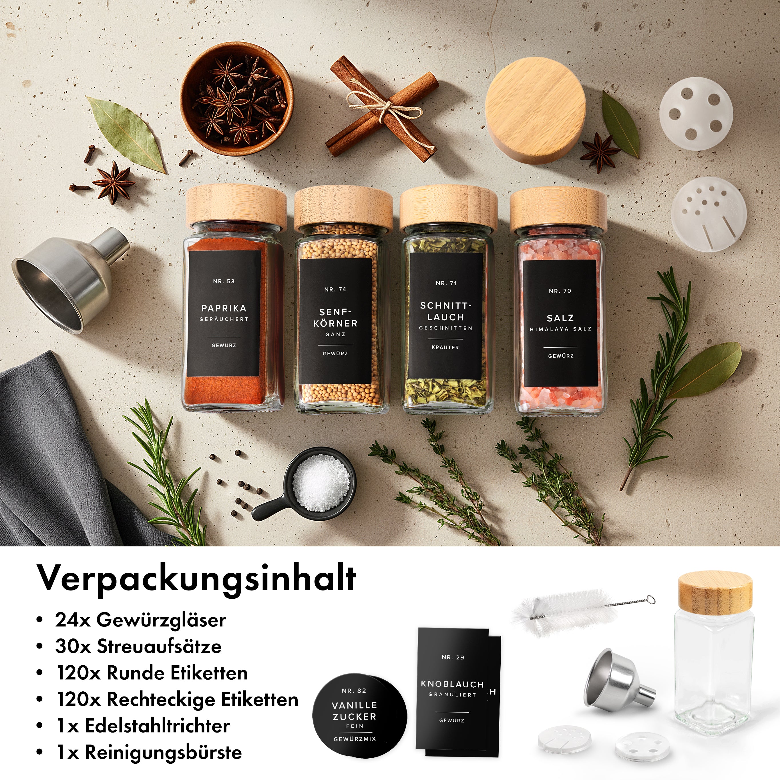 EDELHAUS Gewürzgläser Set mit Bambusdeckel (24 Stück) mit 240 Schwarze Etiketten