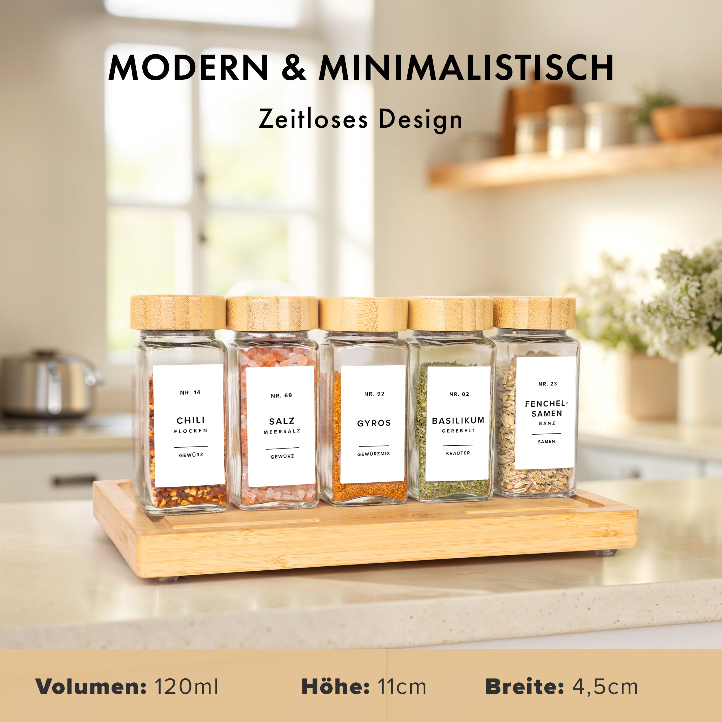 Bambusdeckel Gewürzgläser Set (24 Stück) mit 240 Aufklebern (Hell)
