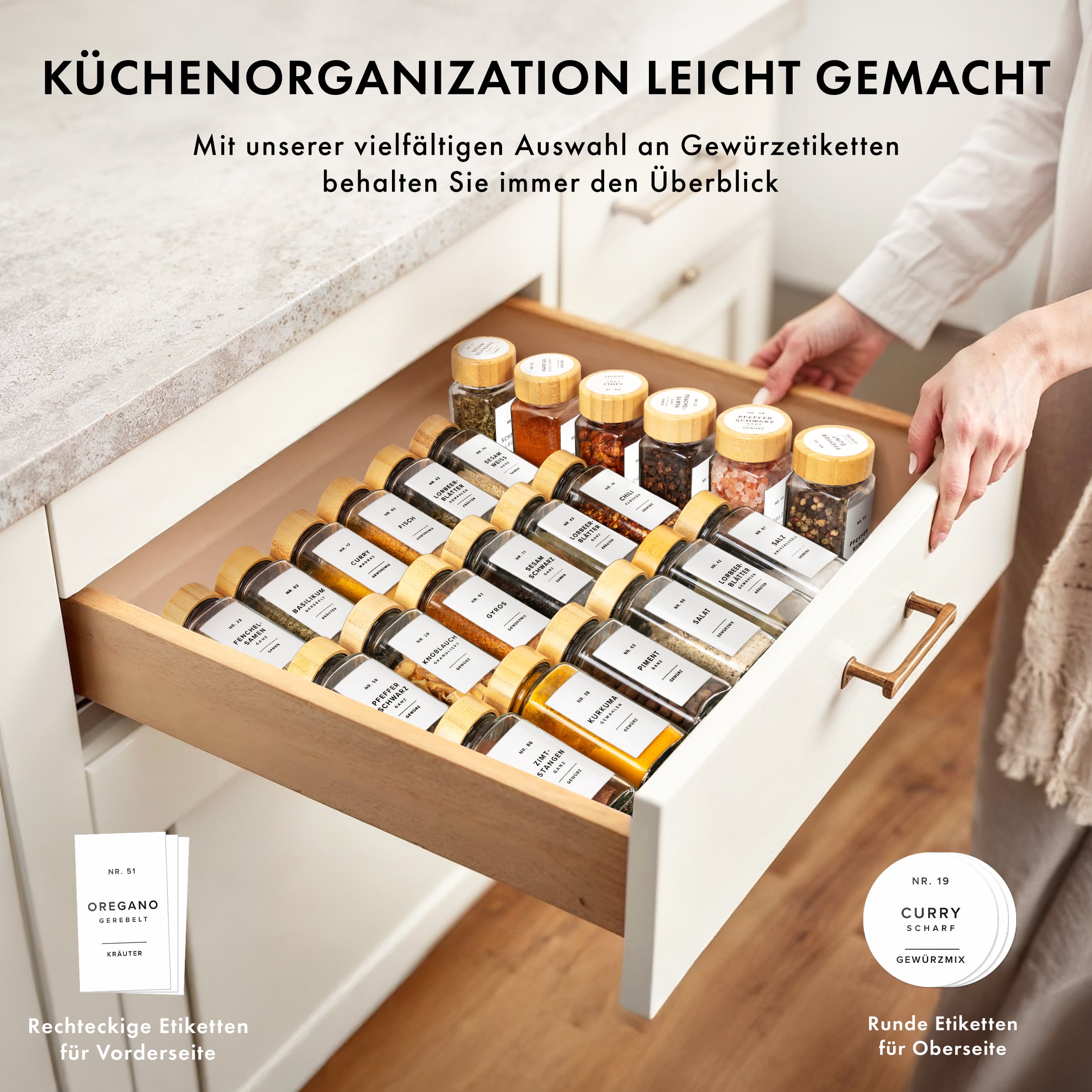 Bambusdeckel Gewürzgläser Set (24 Stück) mit 240 Aufklebern (Hell)