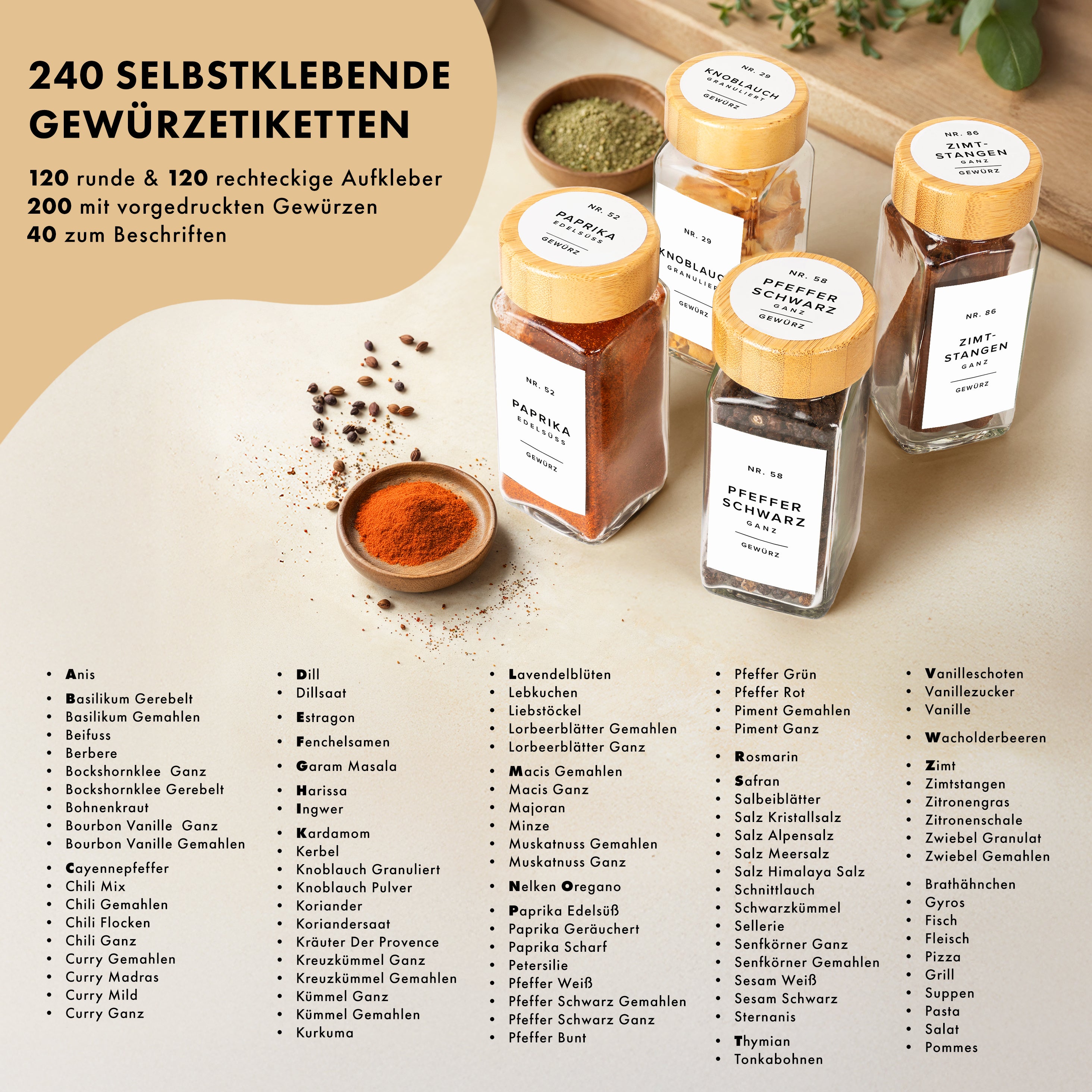 Bambusdeckel Gewürzgläser Set (24 Stück) mit 240 Aufklebern (Hell)