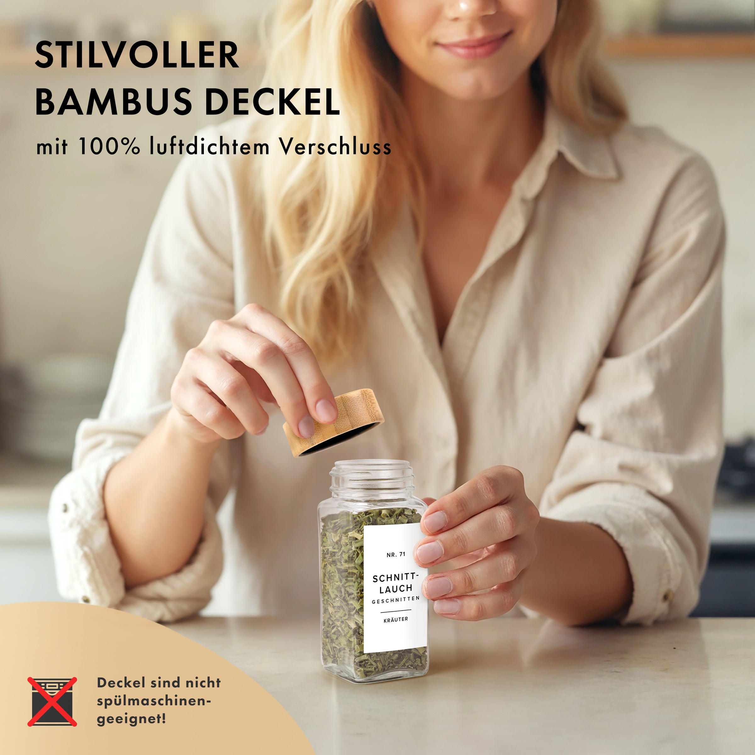 Bambusdeckel Gewürzgläser Set (24 Stück) mit 240 Aufklebern (Hell)