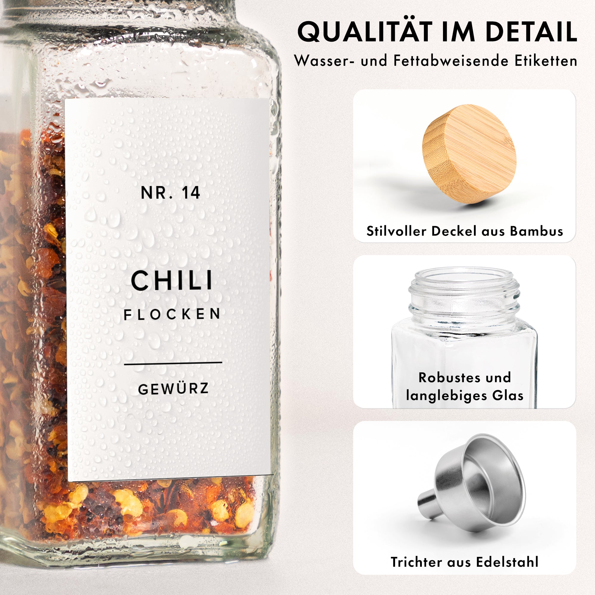Bambusdeckel Gewürzgläser Set (24 Stück) mit 240 Aufklebern (Hell)