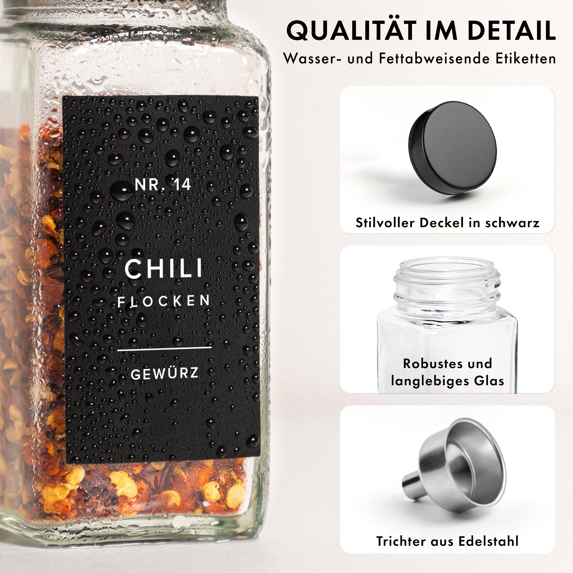Edelstahldeckel Gewürzgläser Set (24 Stück) mit 240 Aufklebern