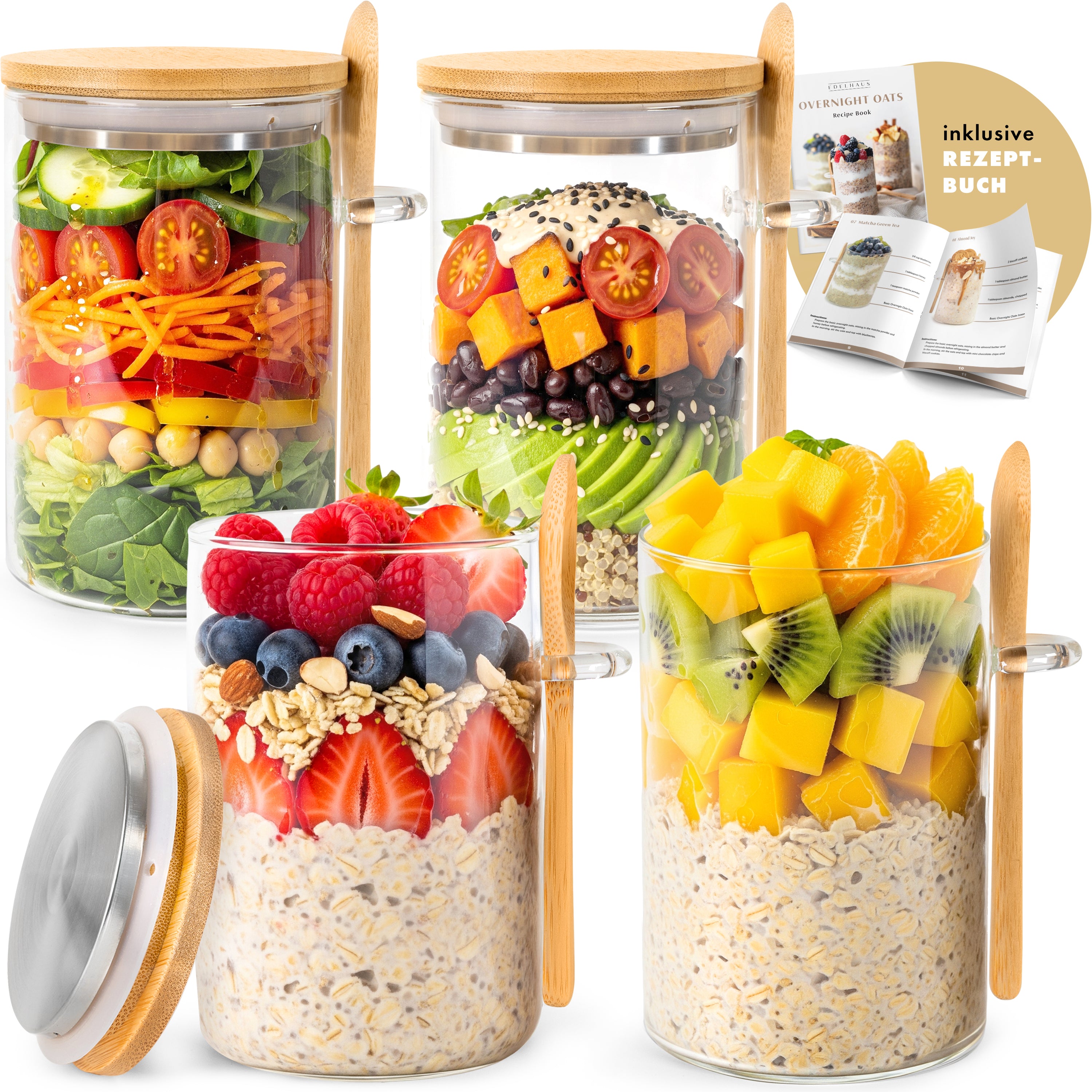 overnight oats aufbewahren Overnight Oats Gläser mit Deckel, Etiketten & Löffeln (4 x 500ml) – EDELHAUS