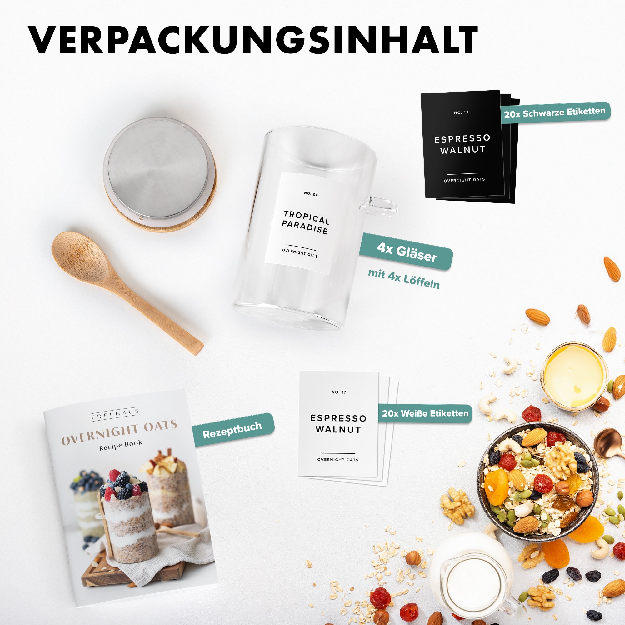 Overnight Oats Gläser mit Deckel, Etiketten & Löffeln (4 x 500ml)
