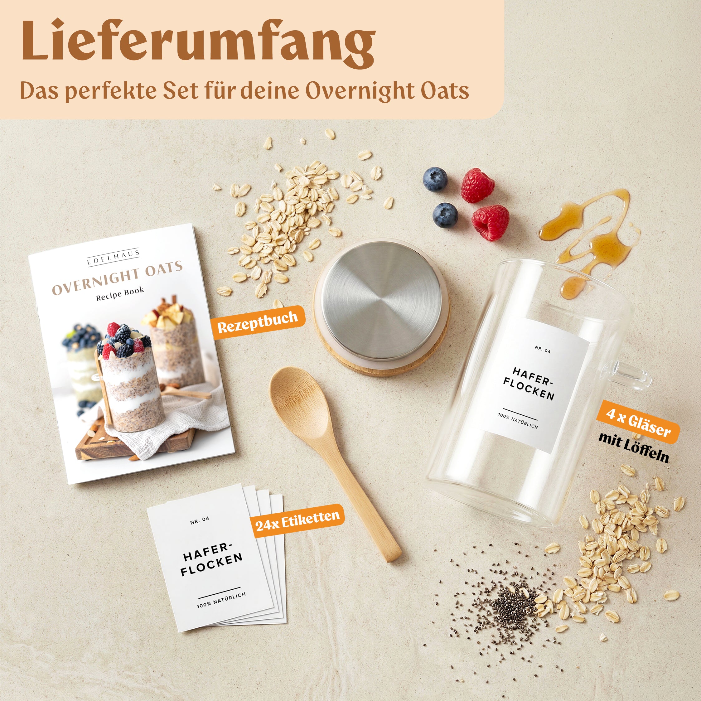 Overnight Oats Gläser mit Deckel, Etiketten & Löffeln (4 x 500ml)