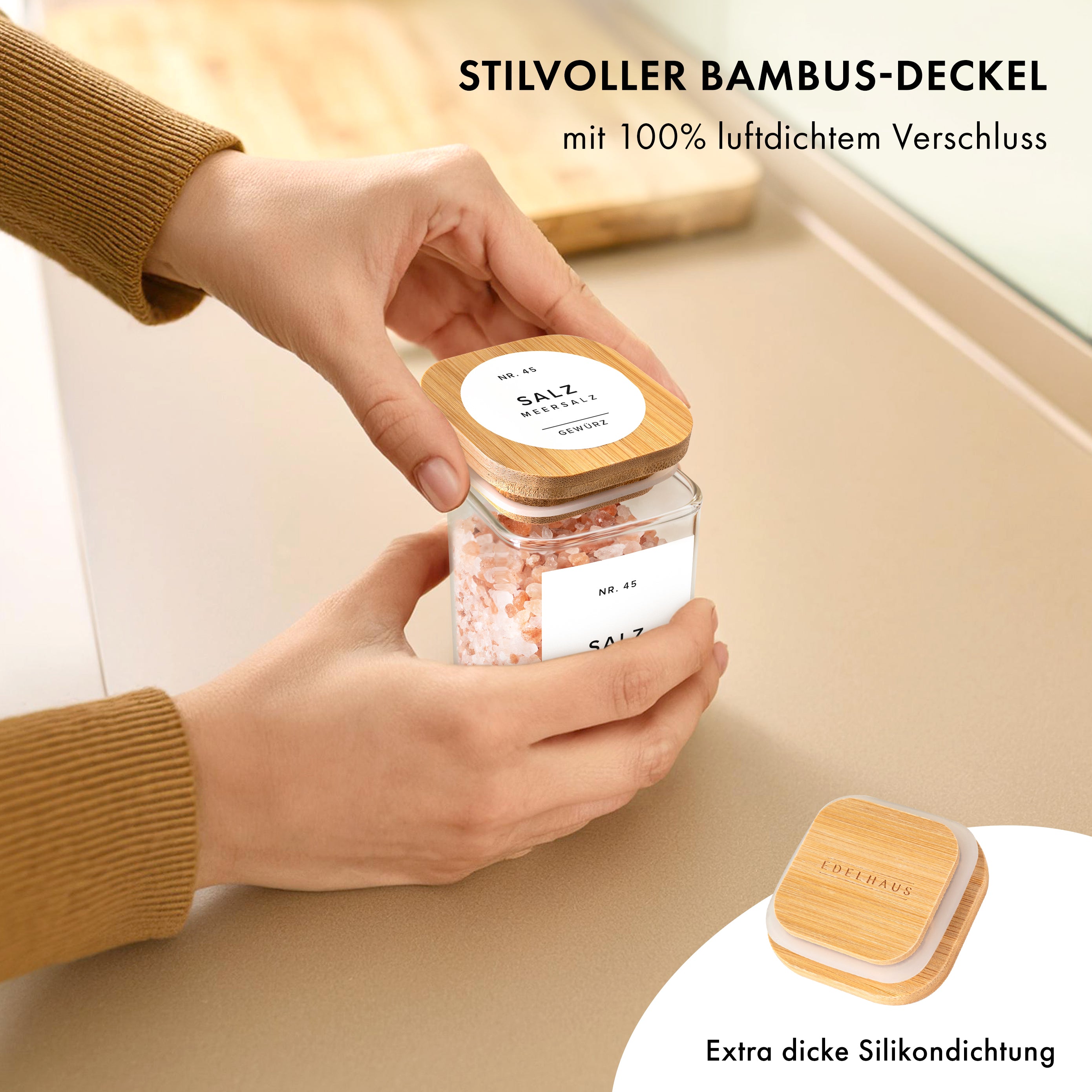 Gewürzgläser Eckig mit Bambusdeckel 190ml (12 Stück)