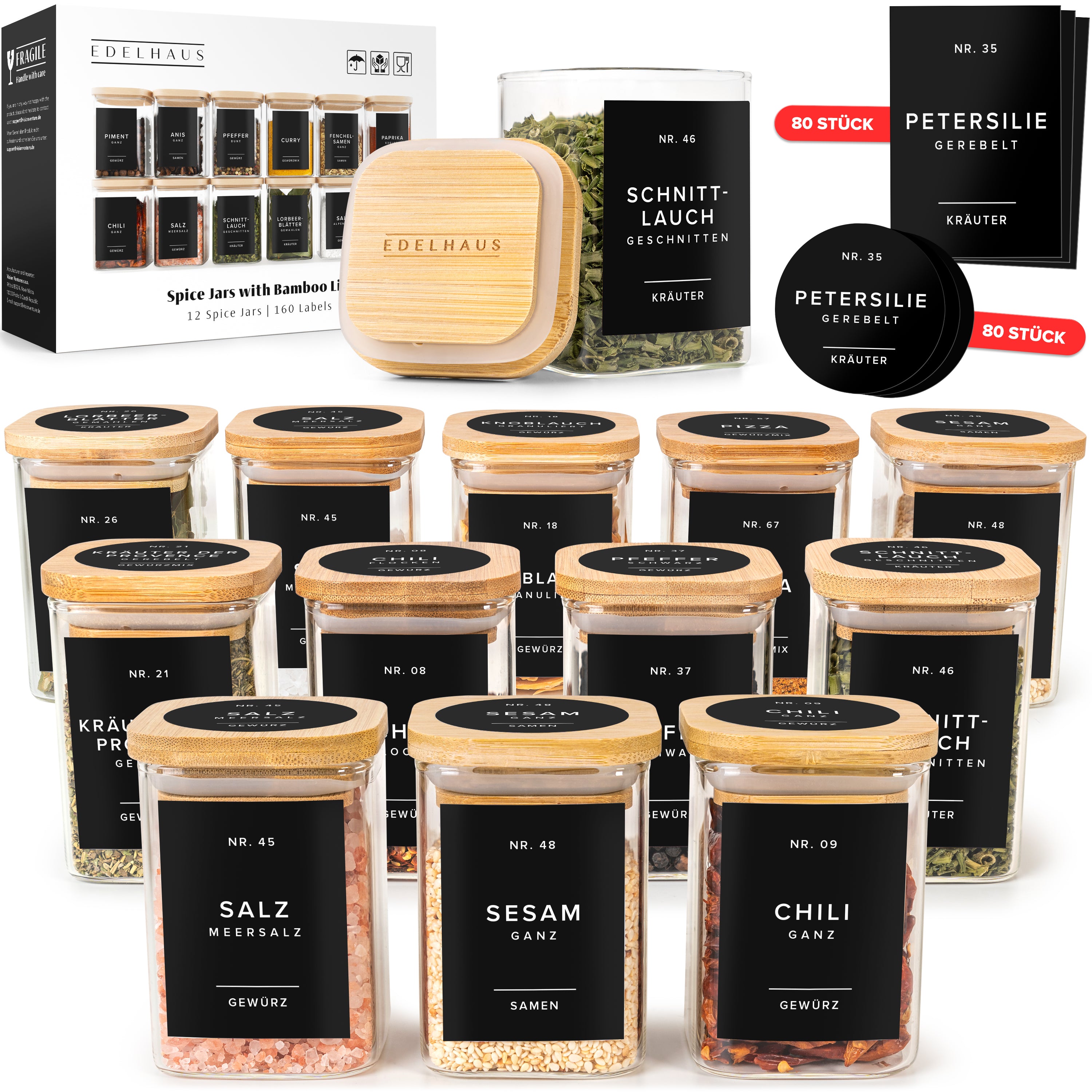 Gewürzgläser Eckig mit Bambusdeckel 190ml (12 Stück)
