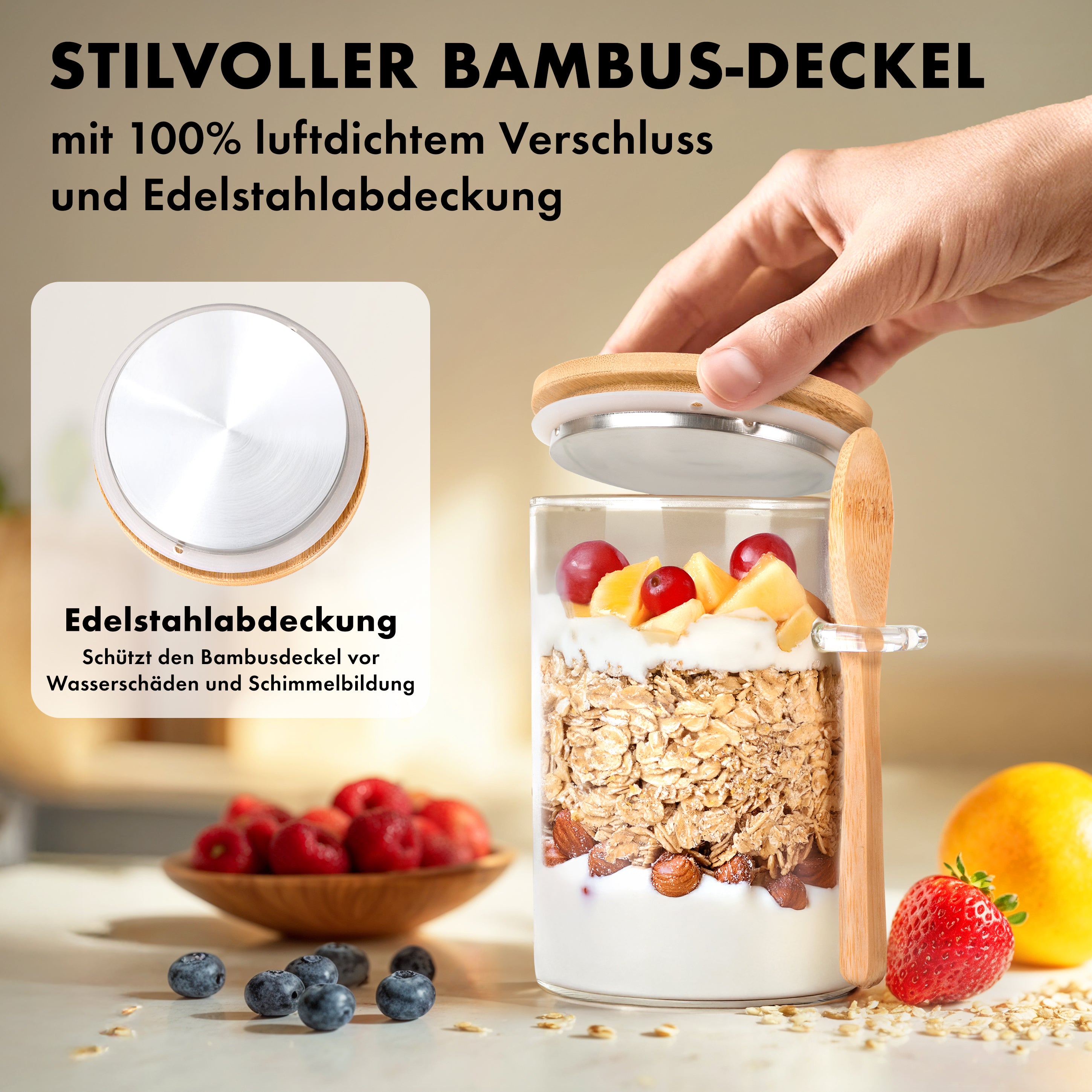 Overnight Oats Gläser mit Deckel, Etiketten & Löffeln (4 x 500ml)