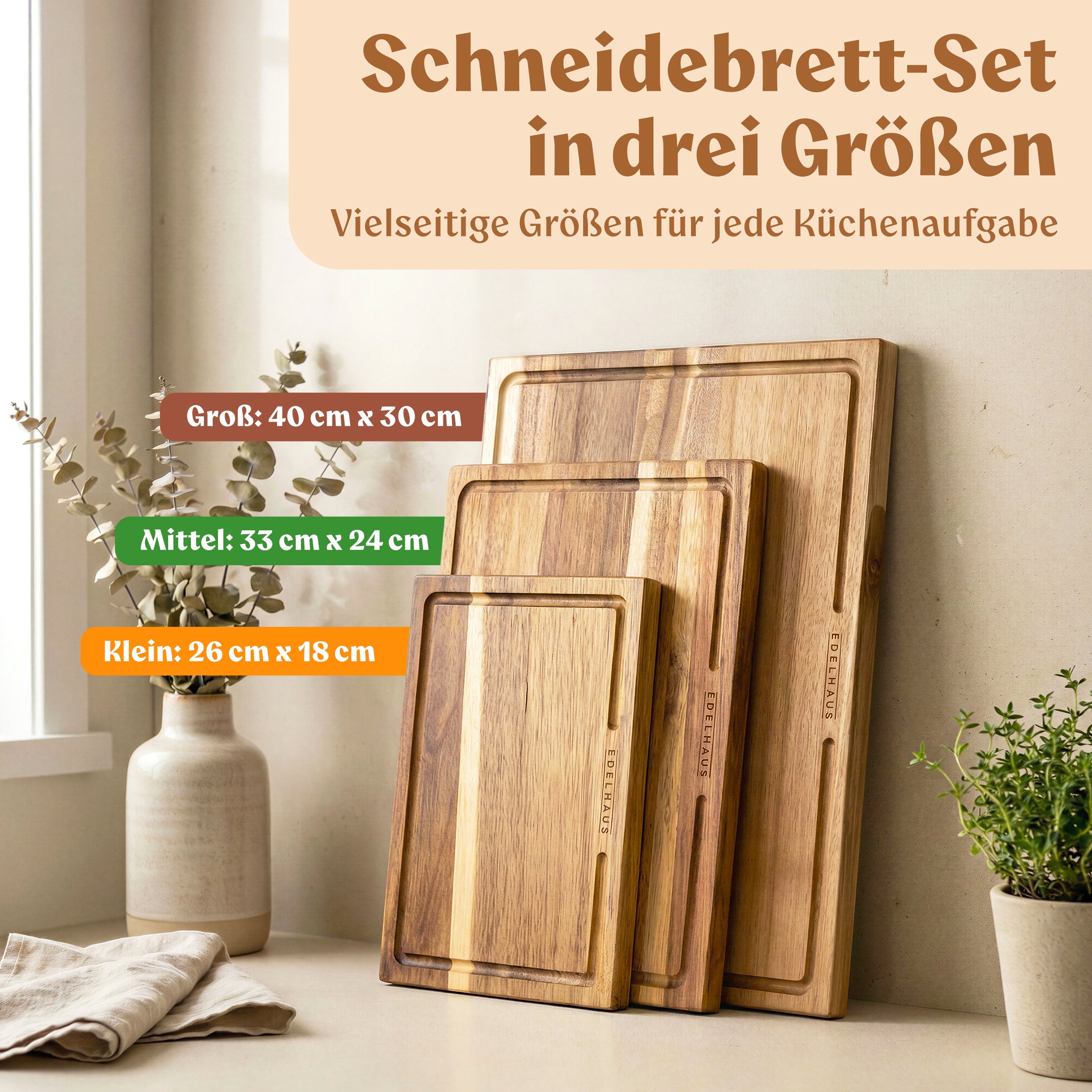 Akazien Schneidebrett 3er Set (40x30 / 33x24 / 26x18cm)
