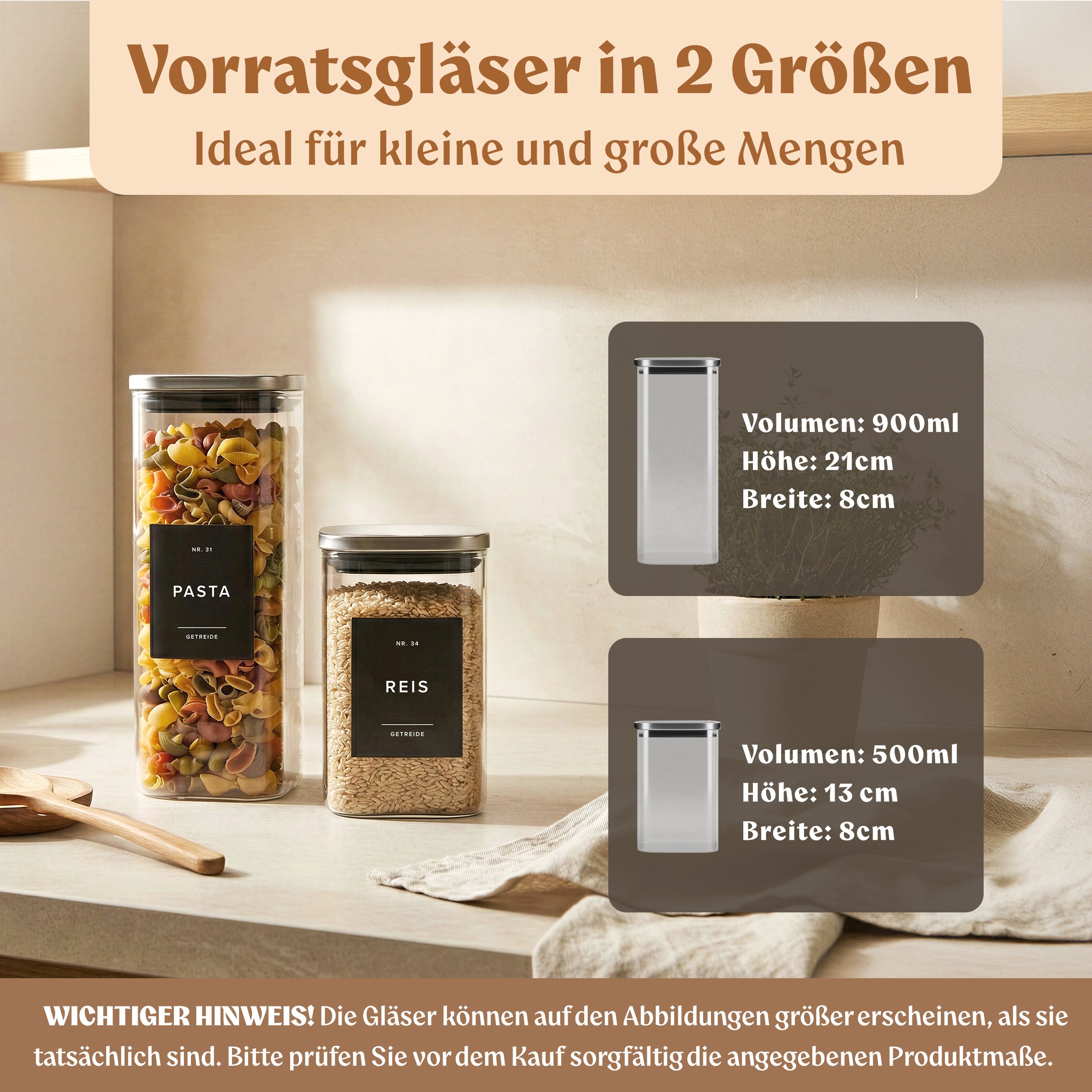 Vorratsgläser mit Deckel aus Edelstahl (4x 1000ml, 8x 600ml) Vorratsdosen mit Deckel & 114 Vorratsetiketten - Luftdichtes Vorratsglas - Stapelbare Glasbehälter