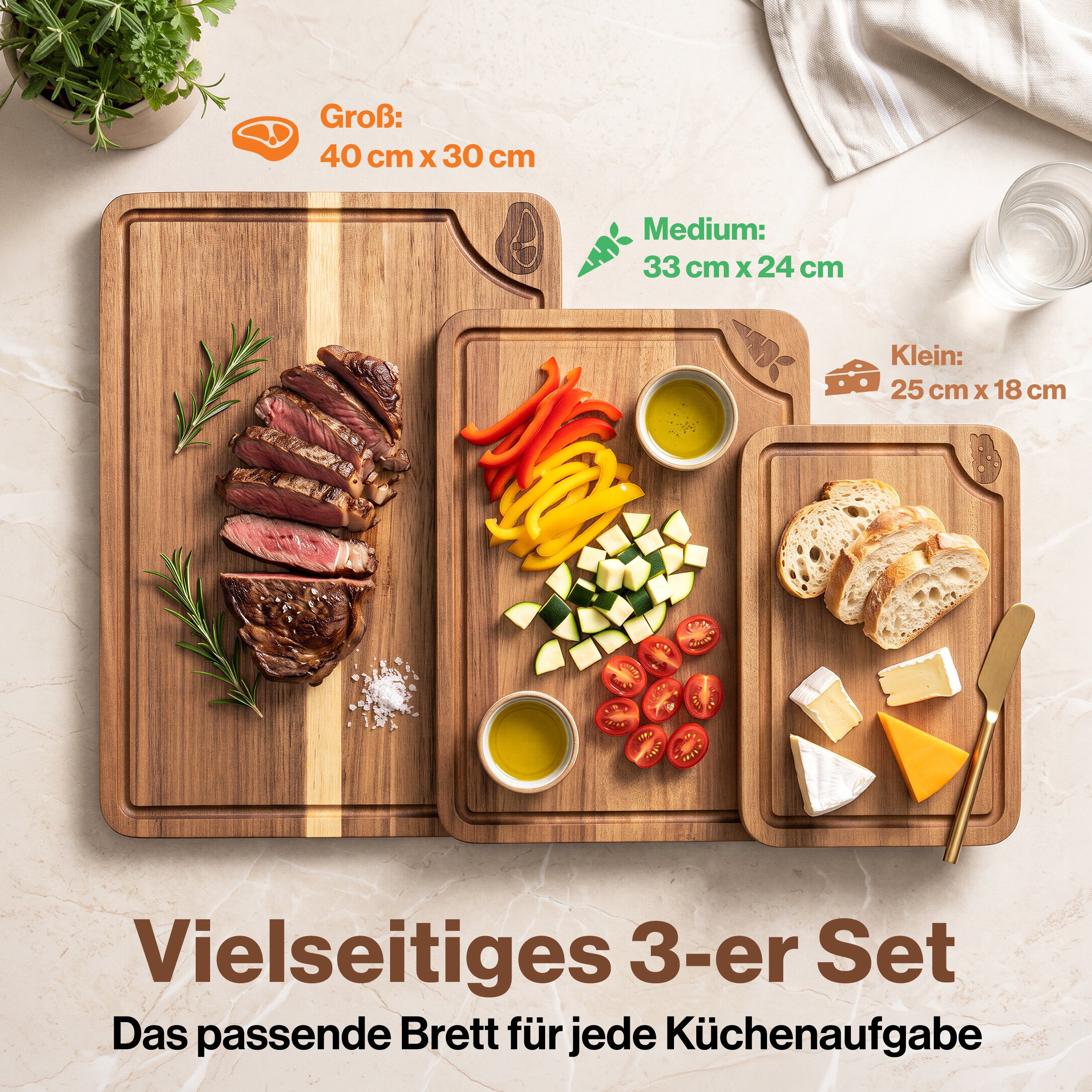 EDELHAUS Schneidebrett Set Akazie doppelseitig (3-teilig)