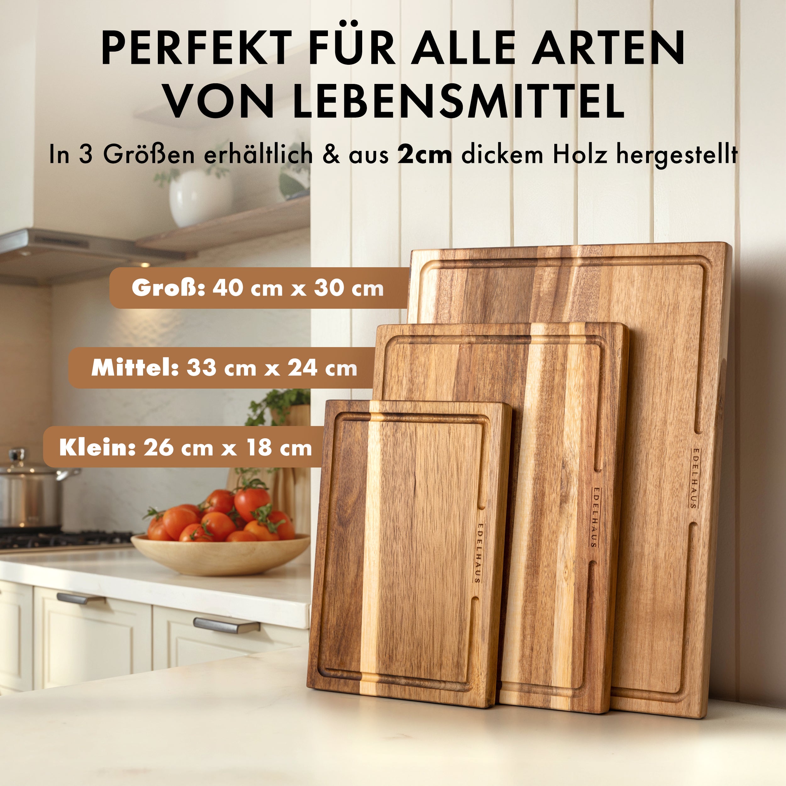 Akazien Schneidebrett 3er Set (40x30 / 33x24 / 26x18cm)