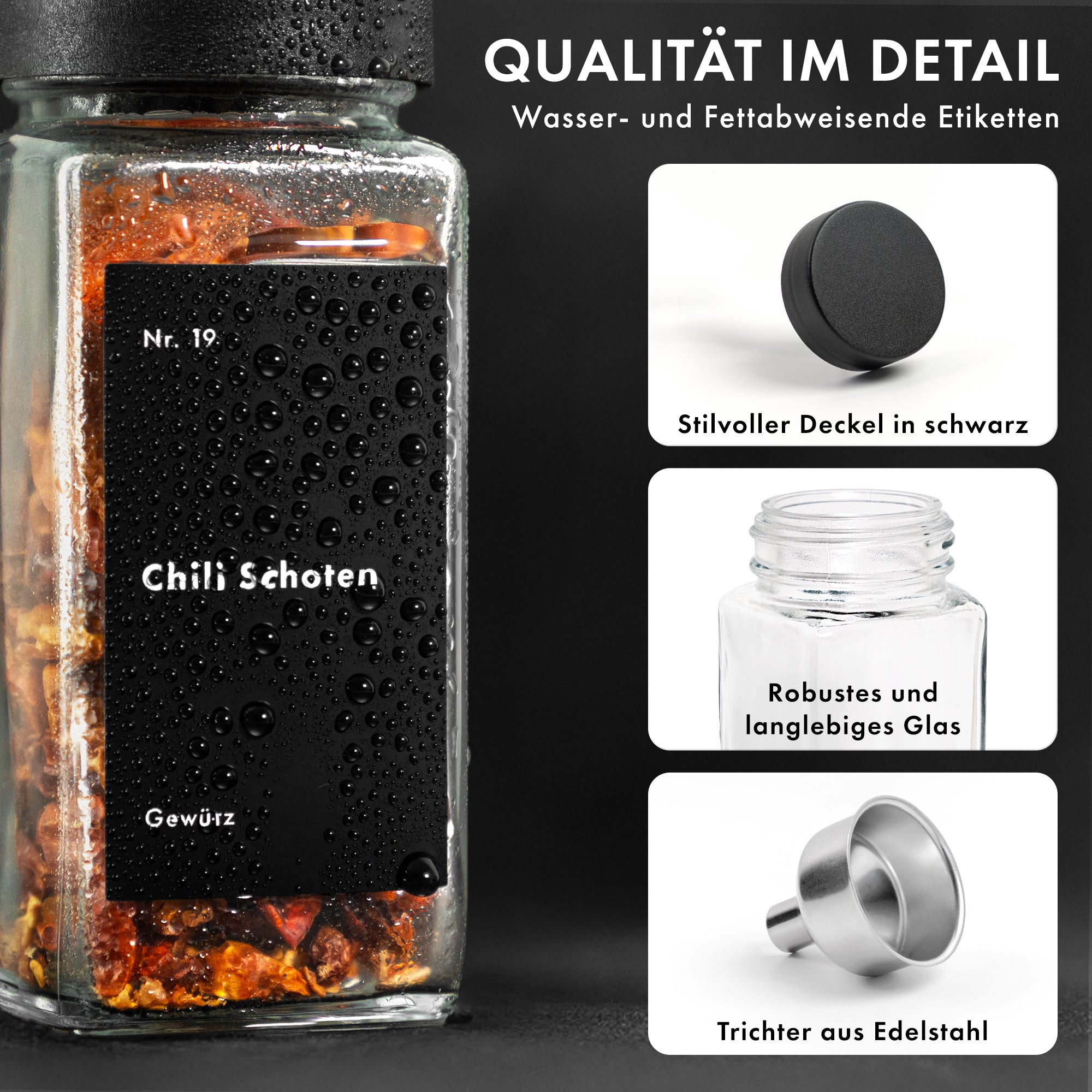 Gewürzgläser Eckig Set mit Plastikdeckel (24 x 120ml) Gewürzstreuer mit Streueinsatz und 240 Etiketten Schwarz