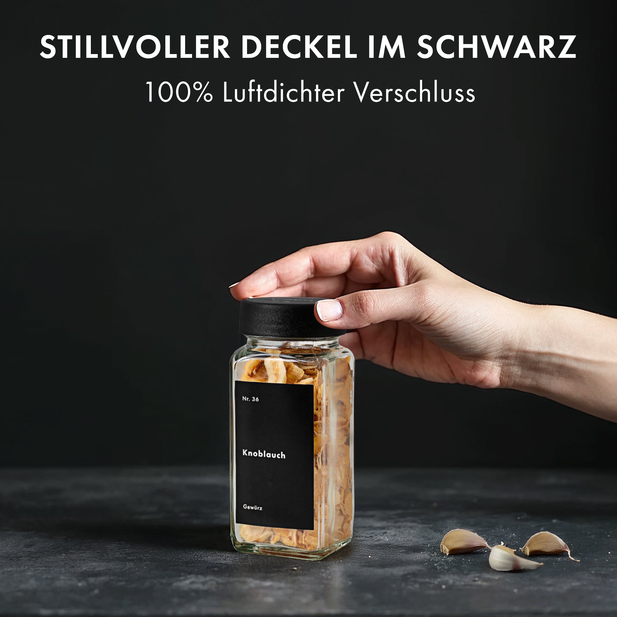 Gewürzgläser Eckig Set mit Plastikdeckel (24 x 120ml) Gewürzstreuer mit Streueinsatz und 240 Etiketten Schwarz