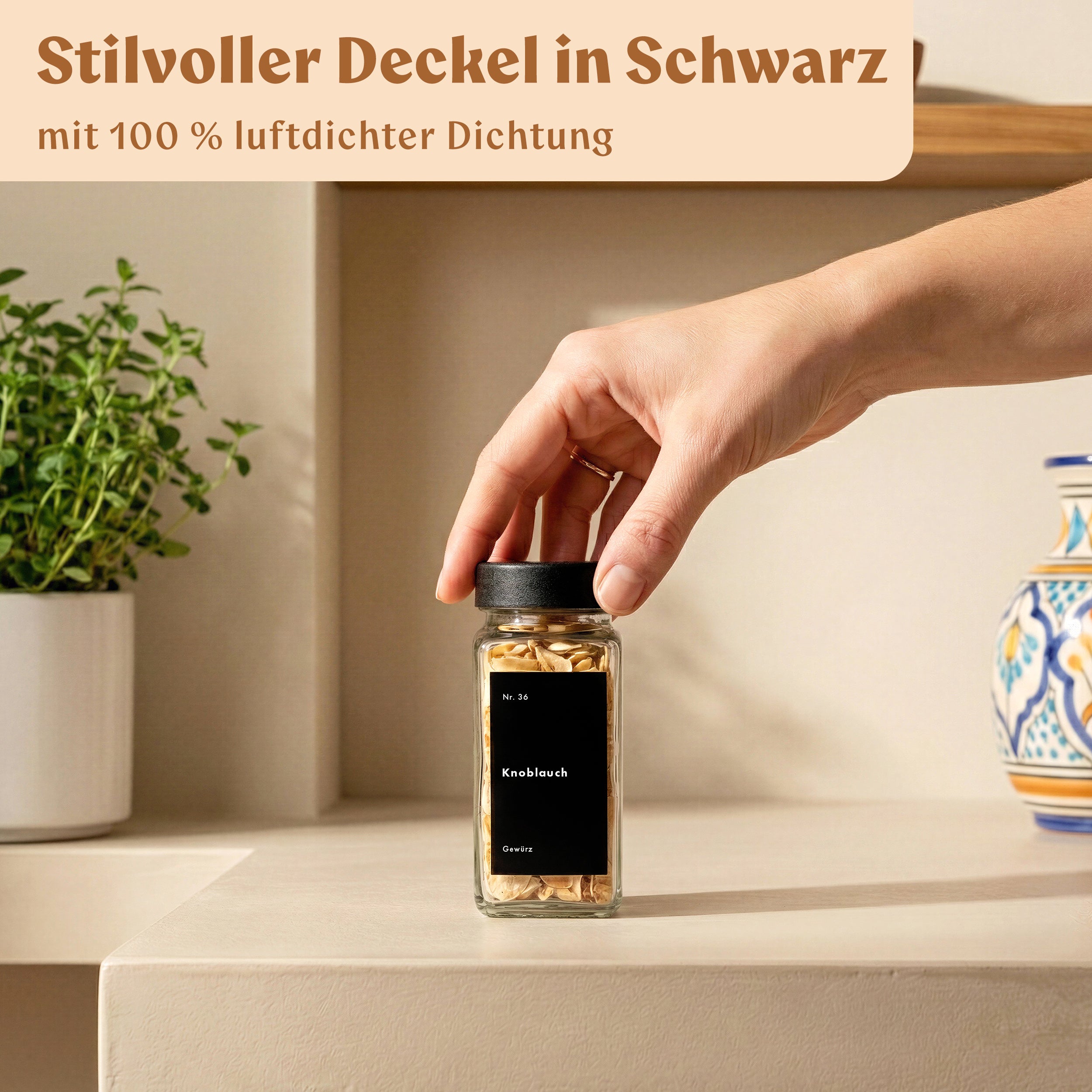 Gewürzgläser Eckig Set mit Plastikdeckel (24 x 120ml) Gewürzstreuer mit Streueinsatz und 240 Etiketten Schwarz