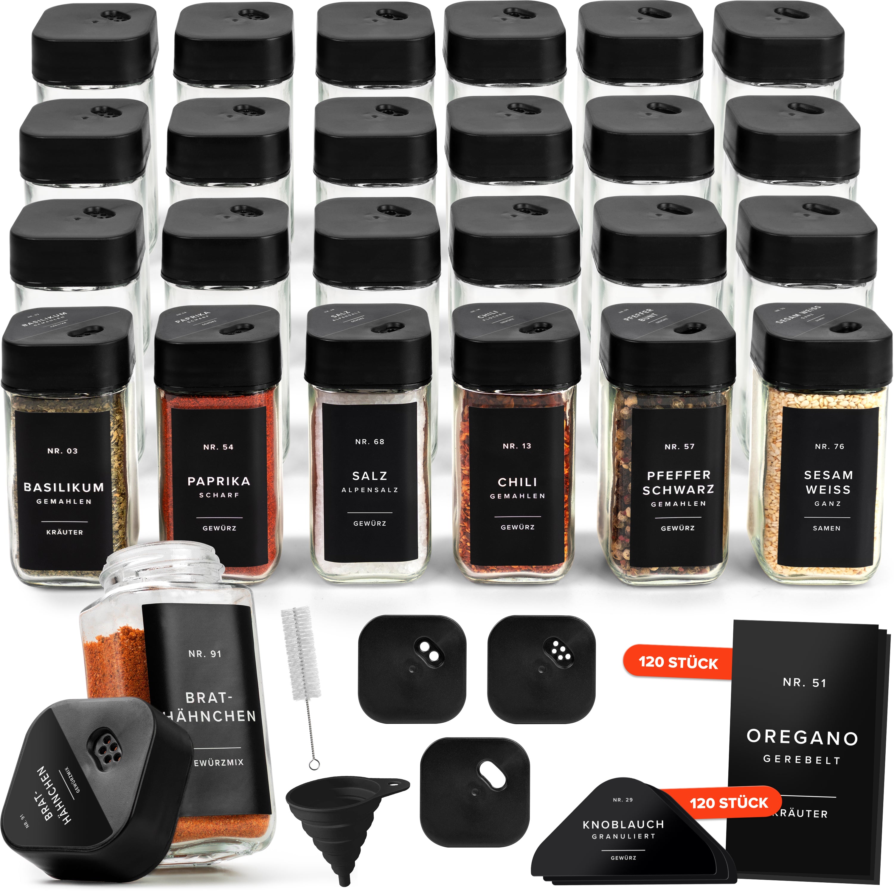 Gewürzgläser Eckig Set mit Streueinsatz (24 x 120ml)