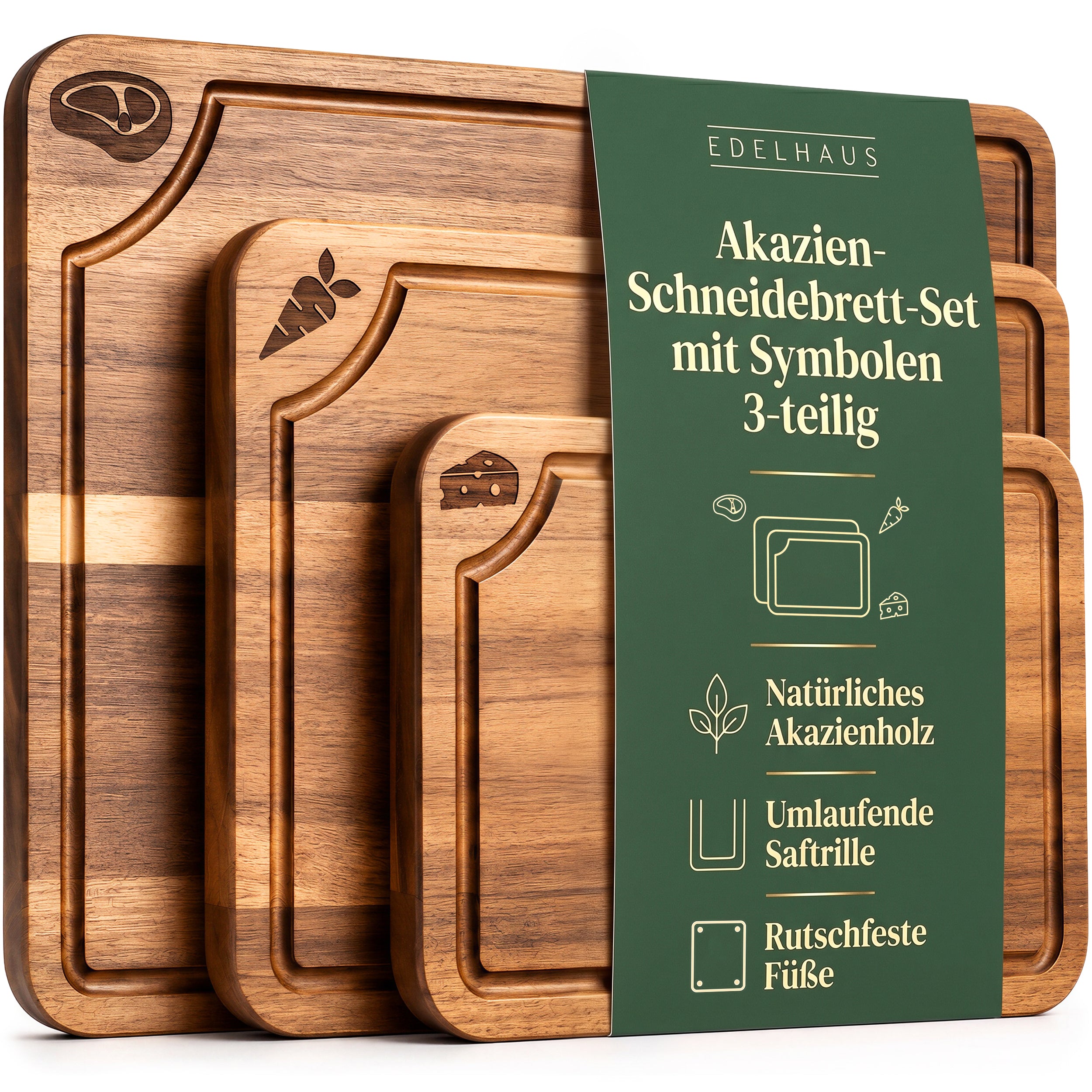 EDELHAUS Schneidebrett Set Akazie doppelseitig (3-teilig)