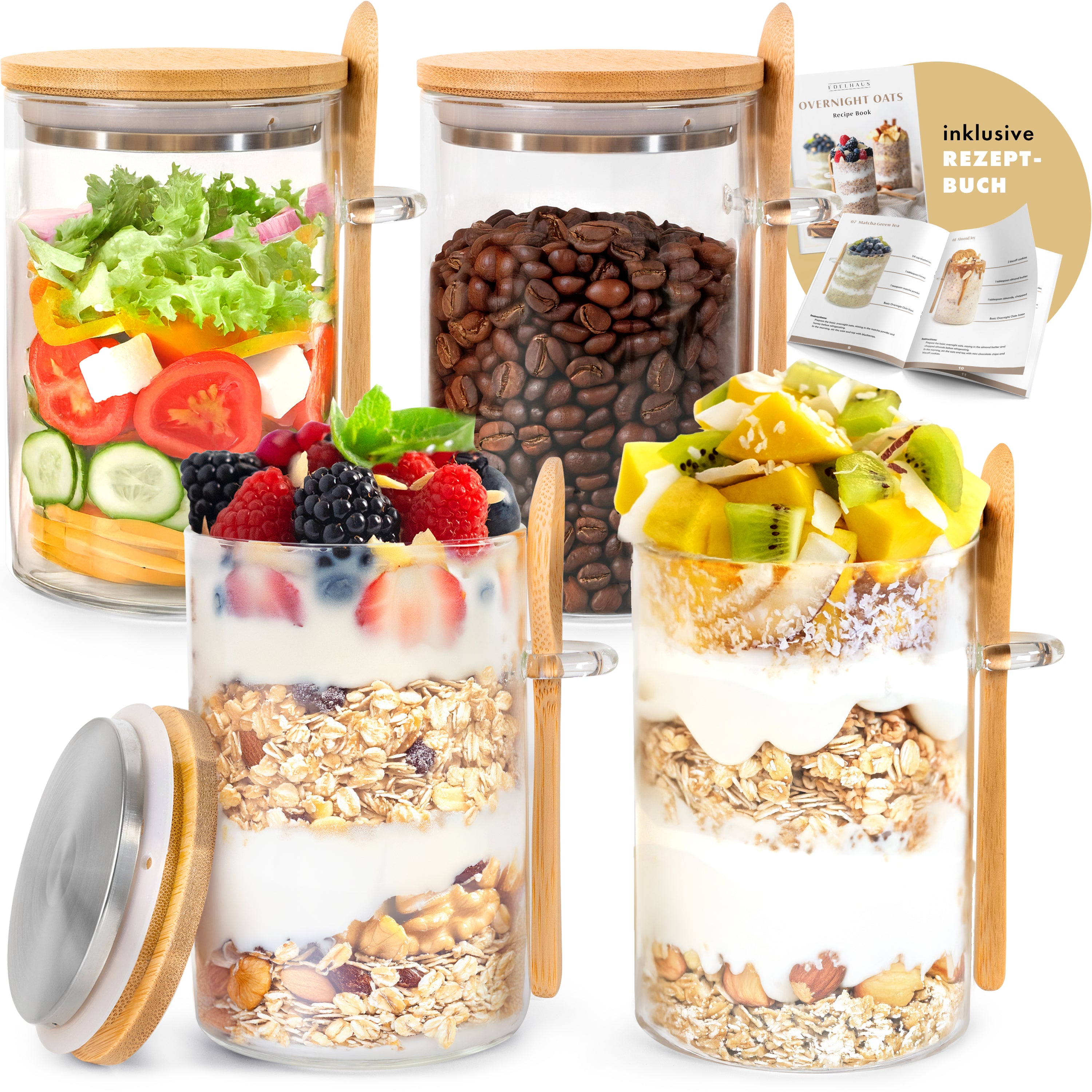 Overnight Oats Gläser mit Deckel, Etiketten & Löffeln (4 x 500ml)