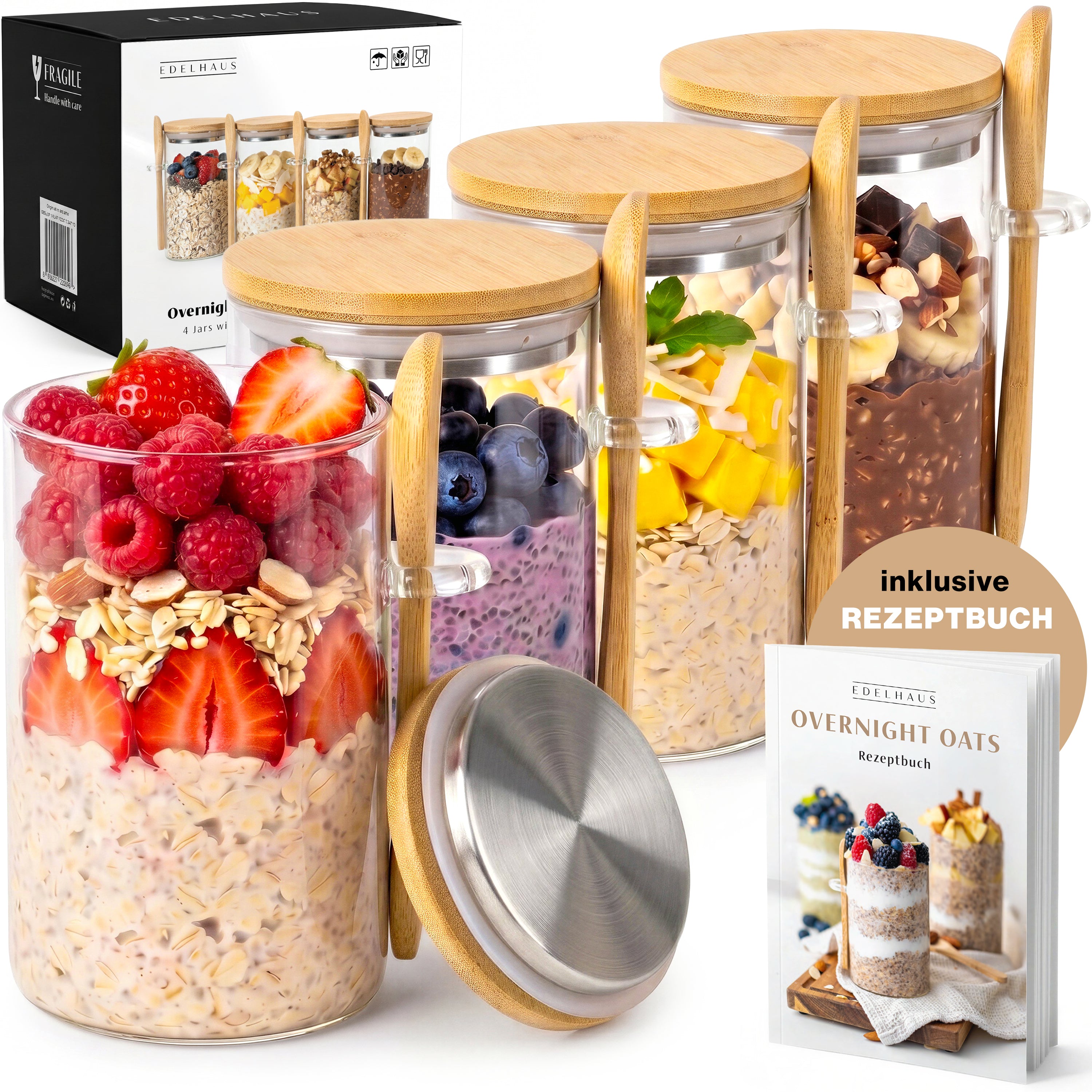 Overnight Oats Gläser mit Deckel, Etiketten & Löffeln (4 x 500ml) – EDELHAUS