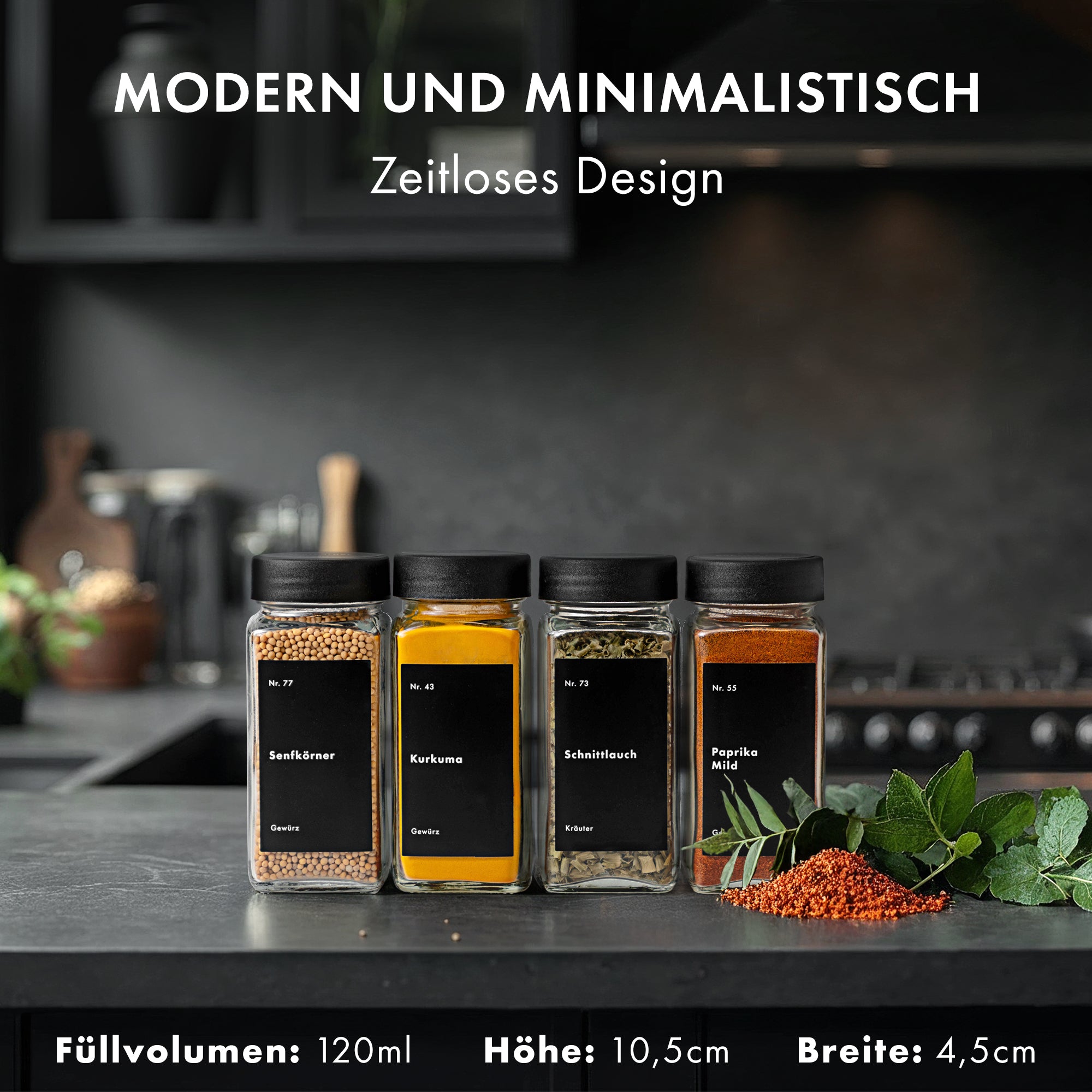 Gewürzgläser Eckig Set mit Plastikdeckel (24 x 120ml) Gewürzstreuer mit Streueinsatz und 240 Etiketten Schwarz