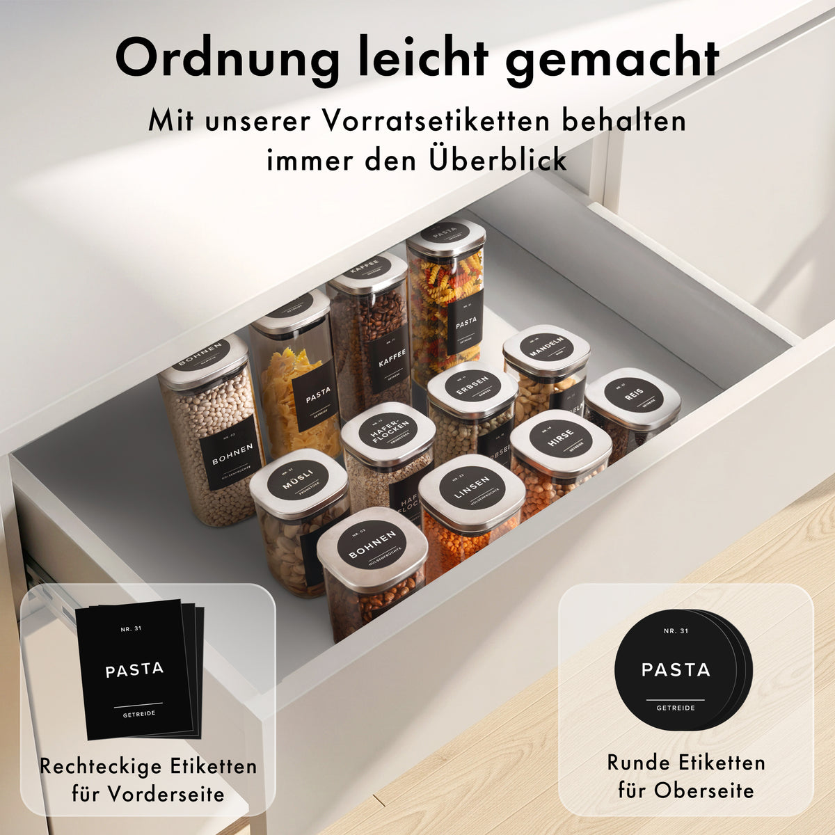 Vorratsgläser mit Deckel aus Edelstahl (4x 900ml, 8x 500ml) & 114 Vorratsetiketten