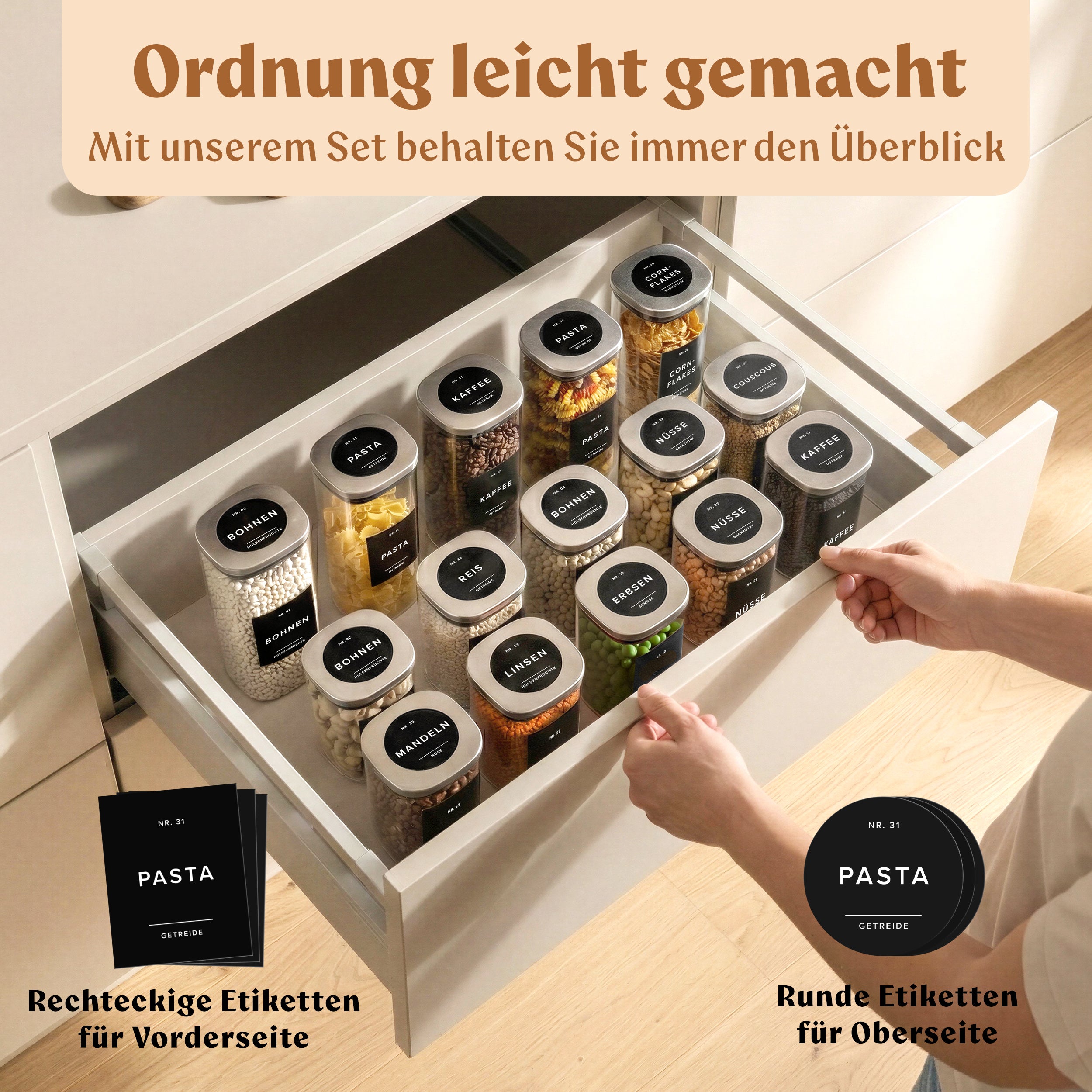 Vorratsgläser mit Deckel aus Edelstahl (4x 1000ml, 8x 600ml) Vorratsdosen mit Deckel & 114 Vorratsetiketten - Luftdichtes Vorratsglas - Stapelbare Glasbehälter