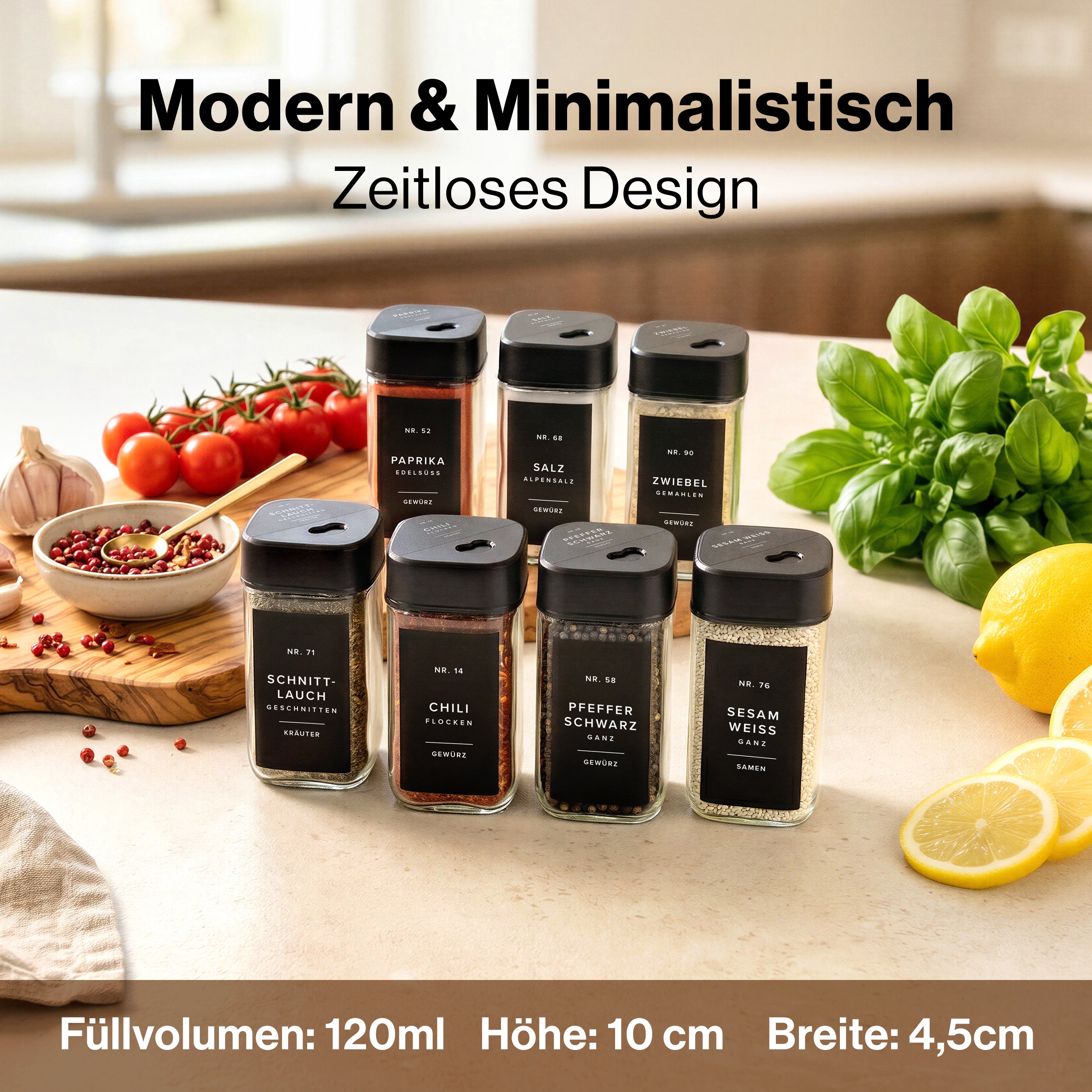 EDELHAUS Gewürzgläser Eckig Set mit verstellbarem Deckel (24 x 120ml)