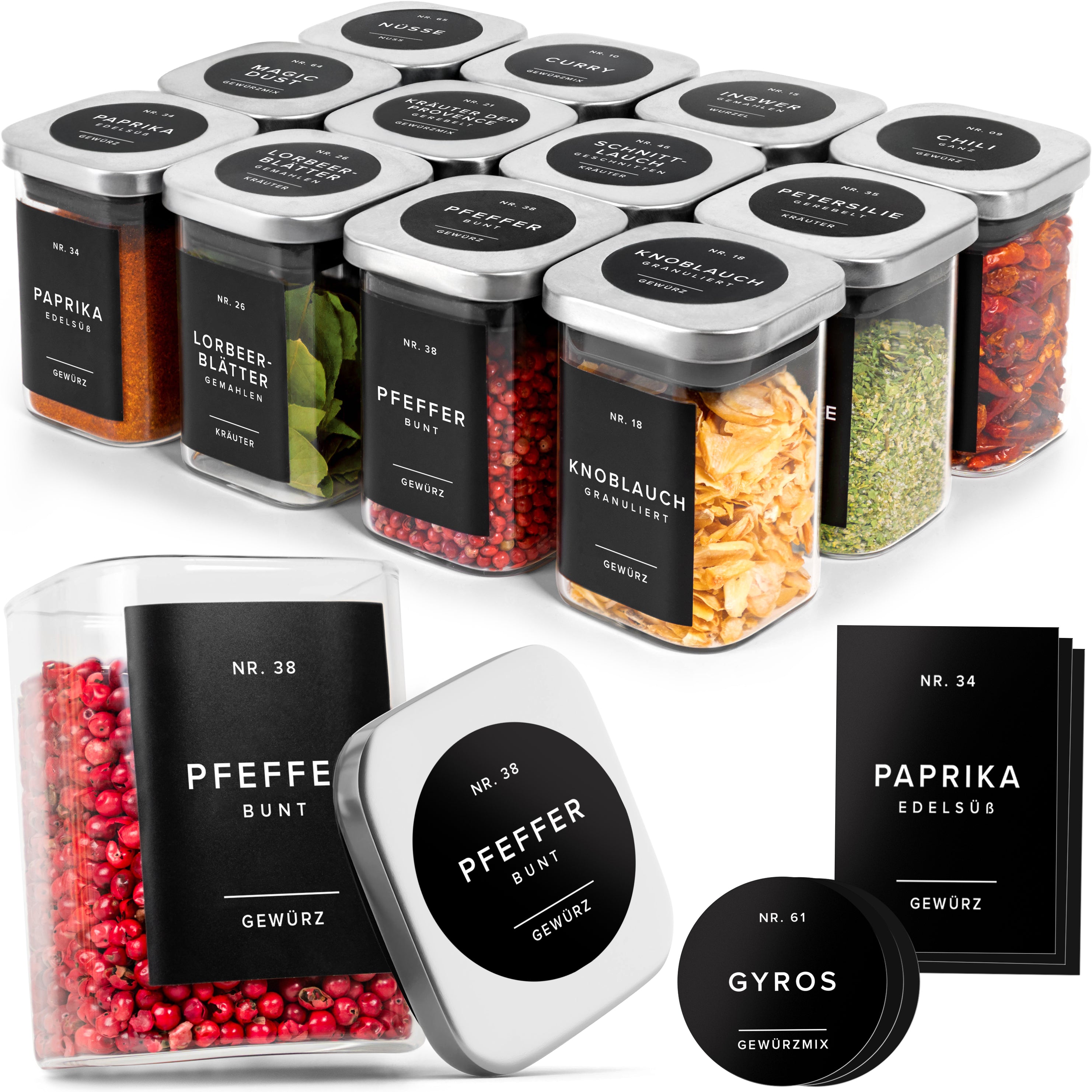Edelstahldeckel Gewürzgläser 190ml (12 Stück) mit 160 Etiketten