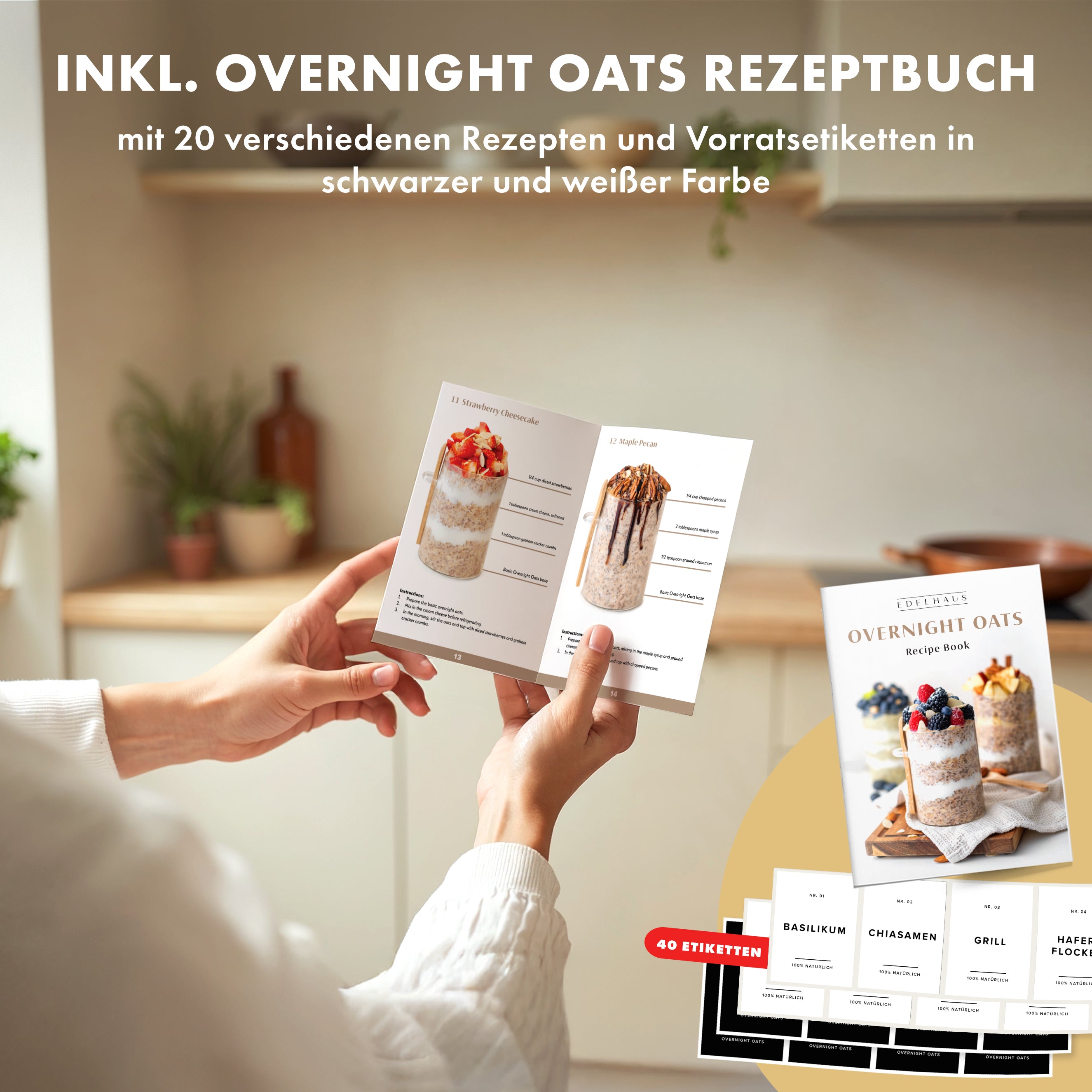 Overnight Oats Gläser mit Deckel, Etiketten & Löffeln (4 x 500ml)