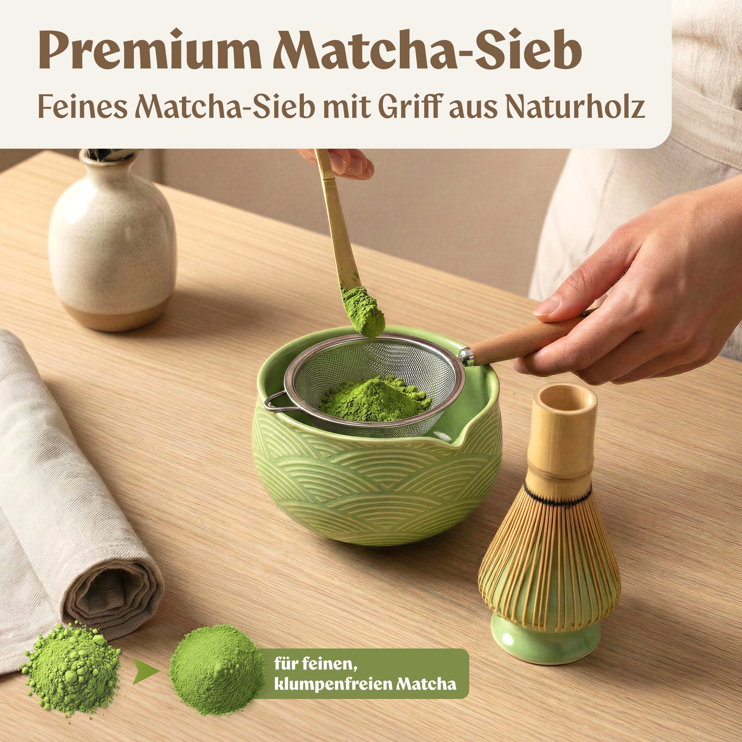 Matcha Set (7 Teilig) Matcha Schale mit Besen, Sieb, Löffel (Grün)