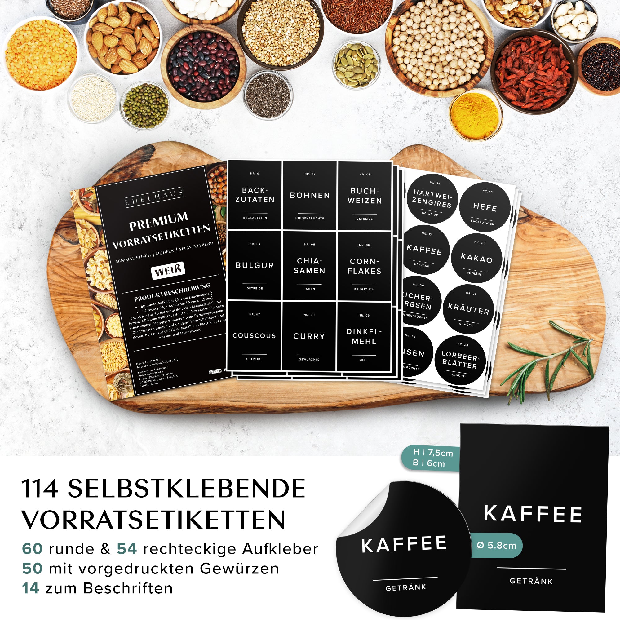 Vorratsgläser mit Deckel aus Edelstahl (4x 1000ml, 8x 600ml) Vorratsdosen mit Deckel & 114 Vorratsetiketten - Luftdichtes Vorratsglas - Stapelbare Glasbehälter