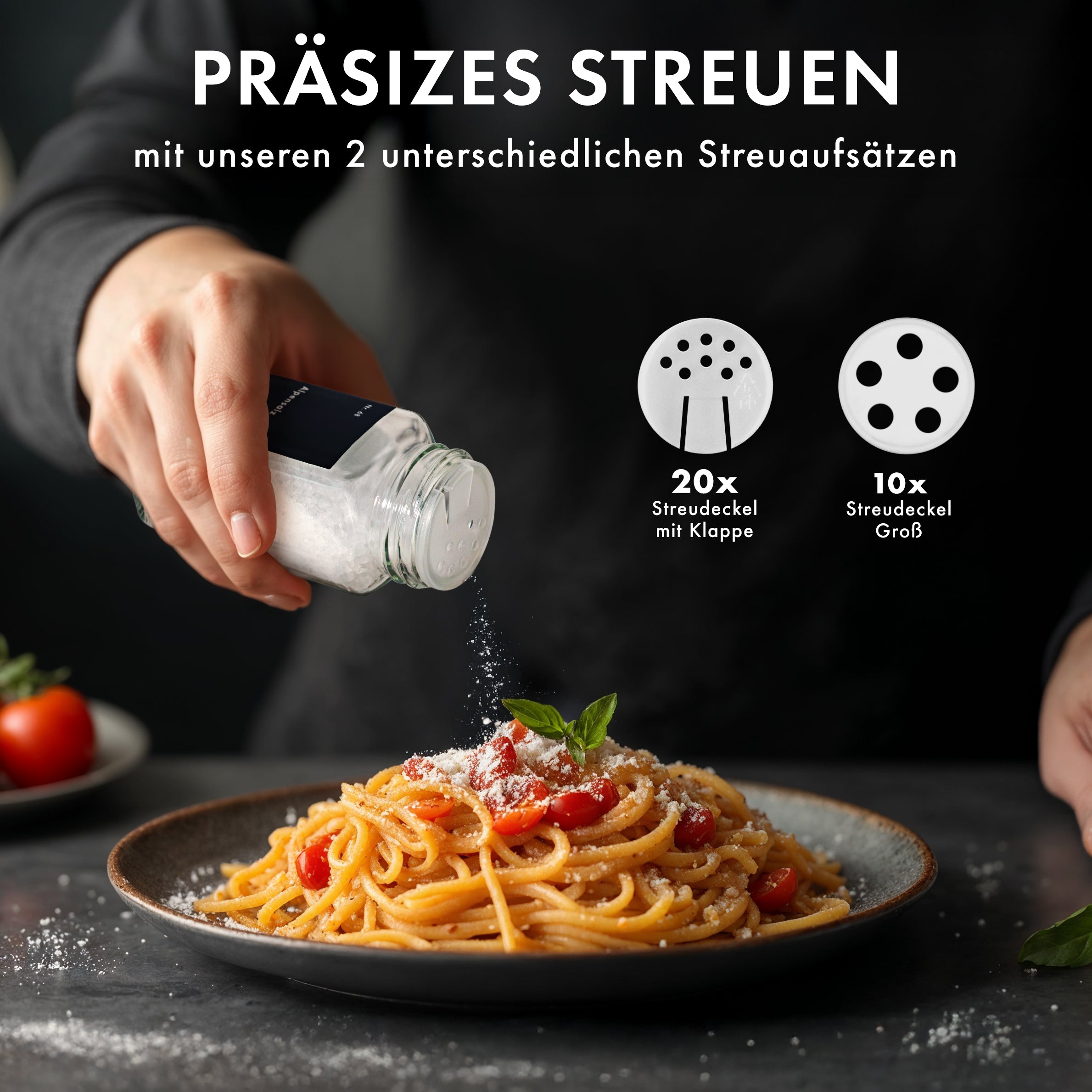 Gewürzgläser Eckig Set mit Plastikdeckel (24 x 120ml) Gewürzstreuer mit Streueinsatz und 240 Etiketten Schwarz