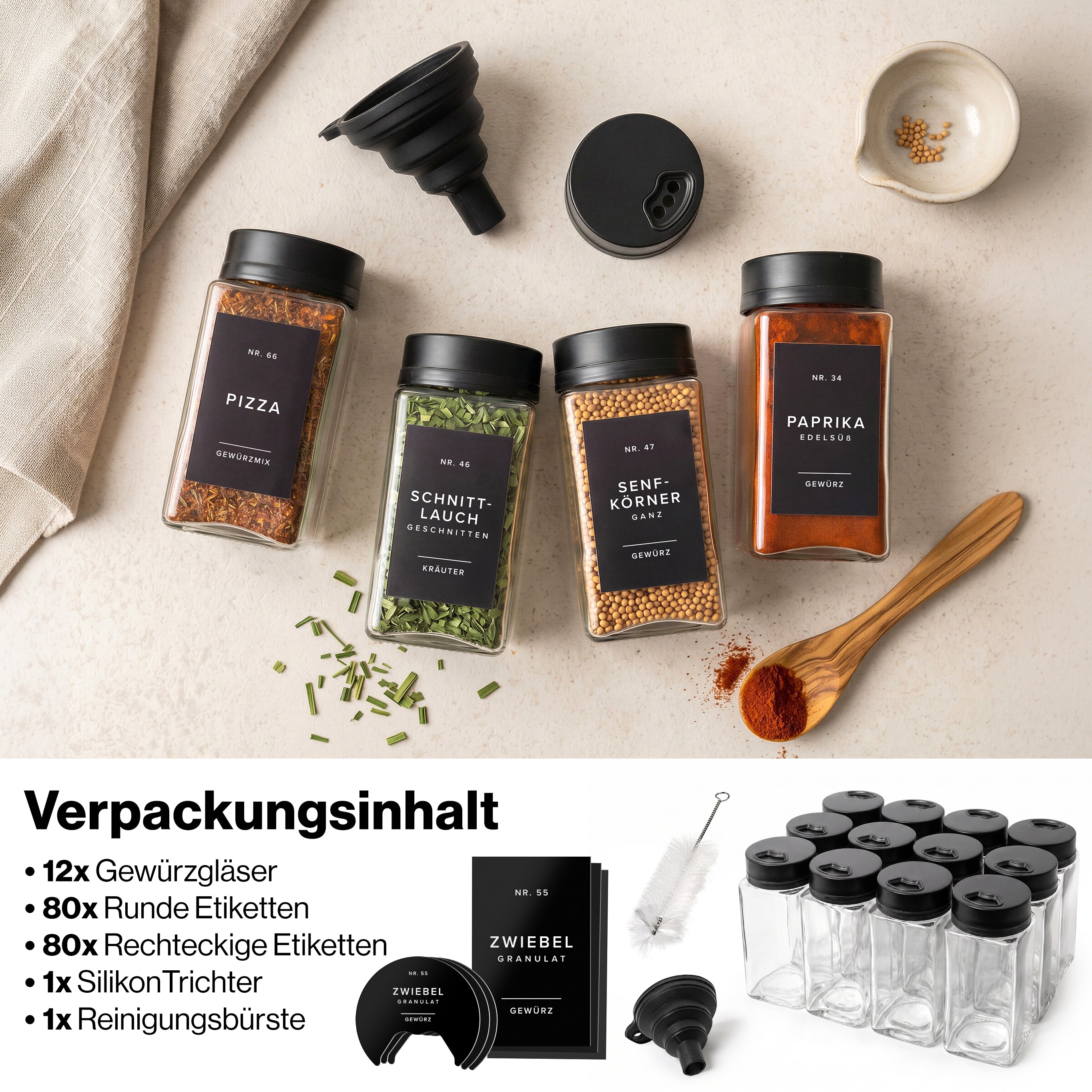 EDELHAUS Gewürzgläser Eckig Verstellbarerem Deckel Schwarz (12 x 200 ml)