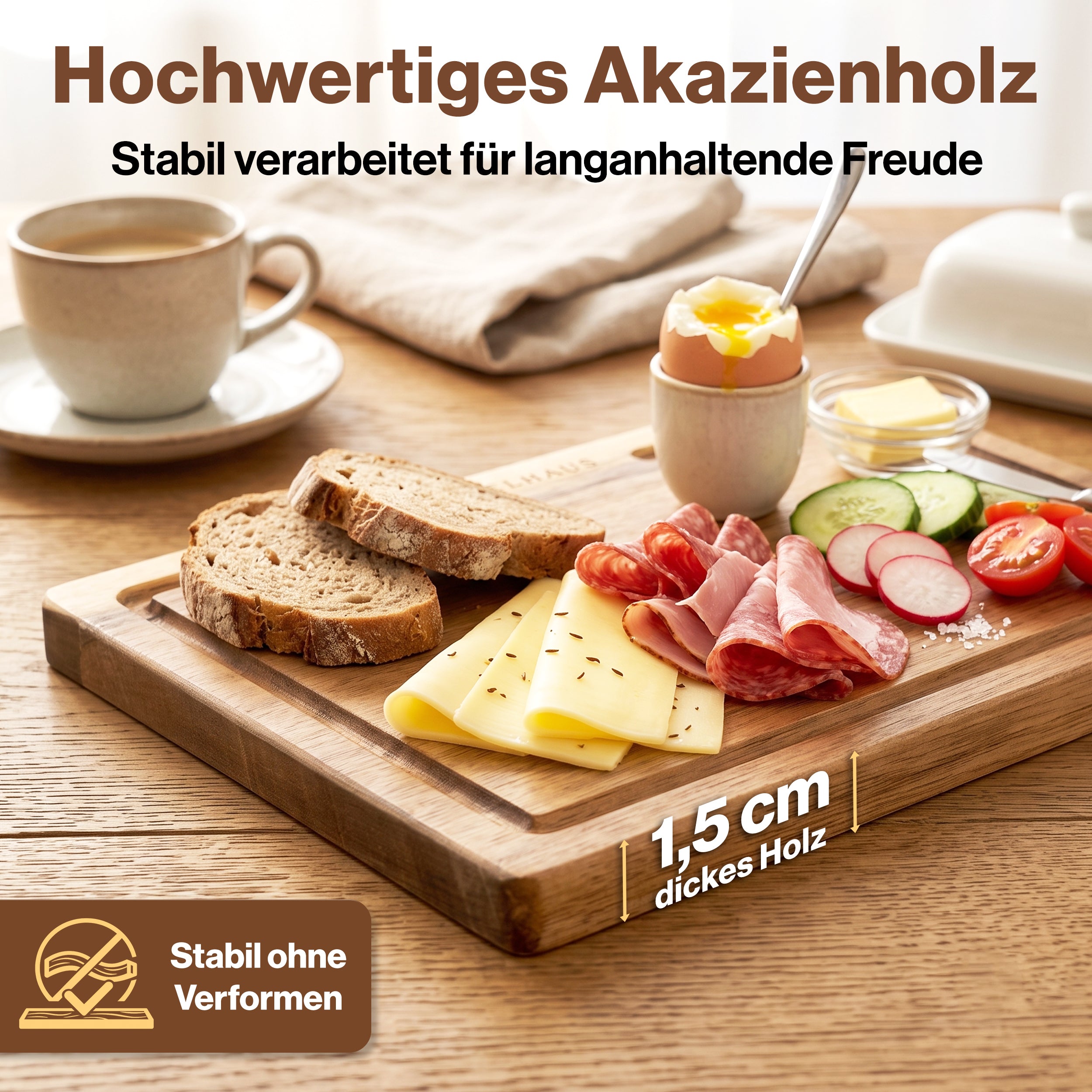 EDELHAUS Frühstücksbrettchen Akazie (5er Set, 23 × 16 cm)