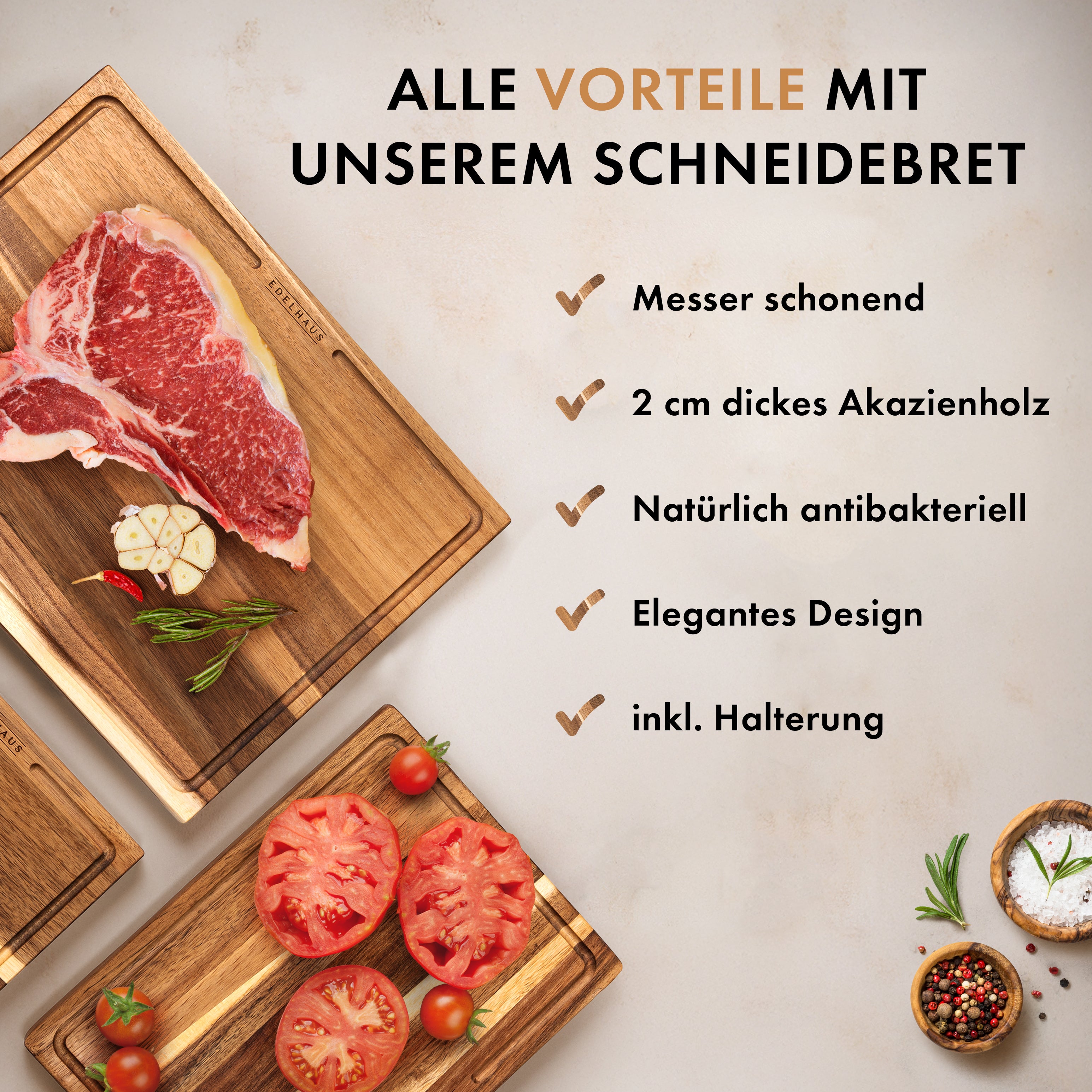 Akazien Schneidebrett 3er Set (40x30 / 33x24 / 26x18cm)
