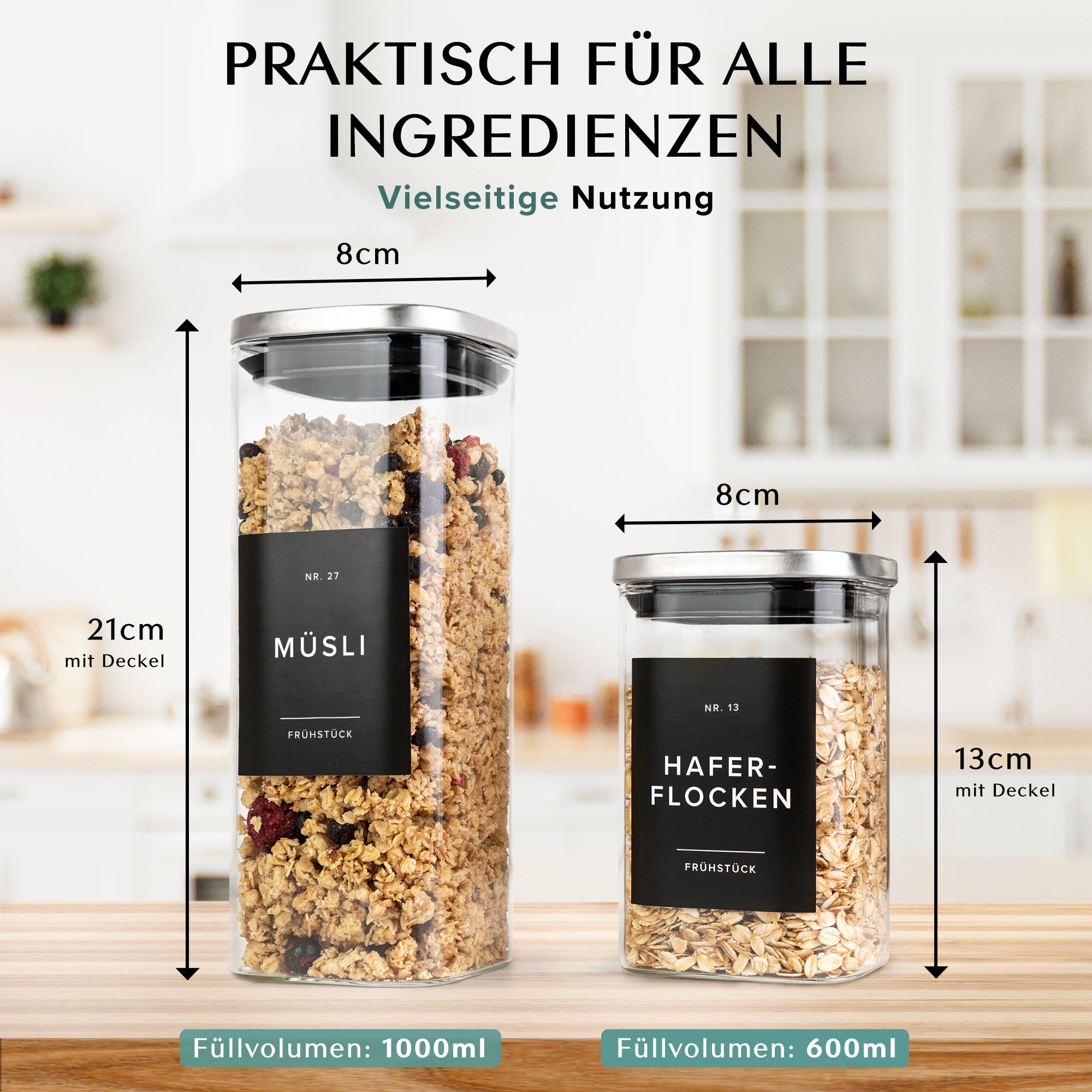 Vorratsgläser mit Deckel aus Edelstahl (4x 1000ml, 8x 600ml) Vorratsdosen mit Deckel & 114 Vorratsetiketten - Luftdichtes Vorratsglas - Stapelbare Glasbehälter