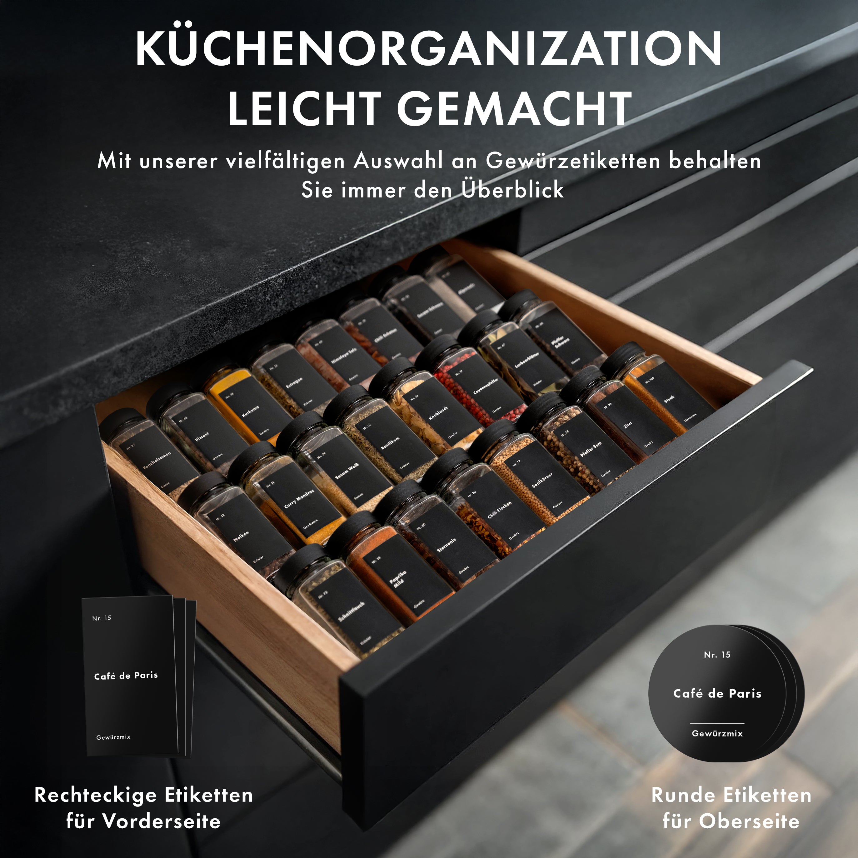 Gewürzgläser Eckig Set mit Plastikdeckel (24 x 120ml) Gewürzstreuer mit Streueinsatz und 240 Etiketten Schwarz