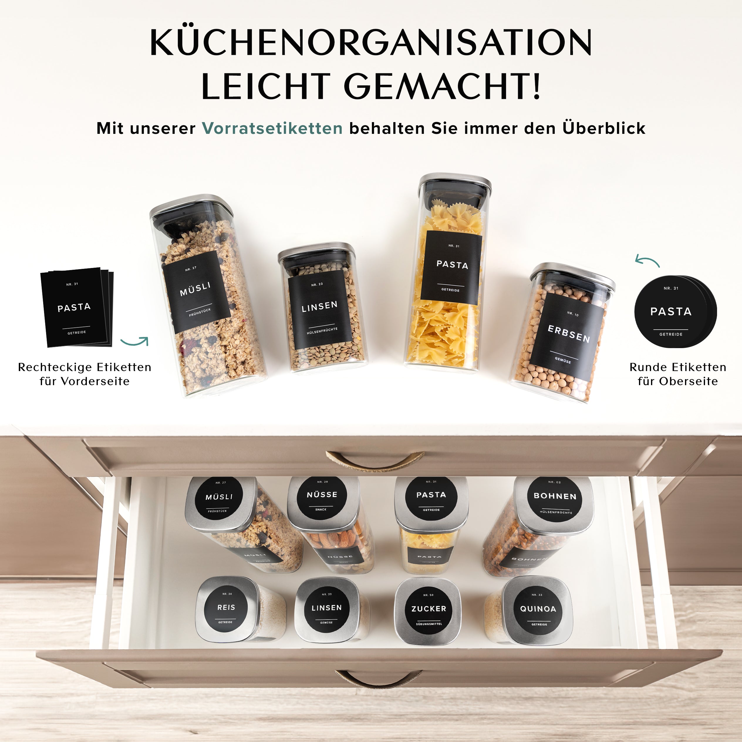 Vorratsgläser mit Deckel aus Edelstahl (4x 1000ml, 8x 600ml) Vorratsdosen mit Deckel & 114 Vorratsetiketten - Luftdichtes Vorratsglas - Stapelbare Glasbehälter