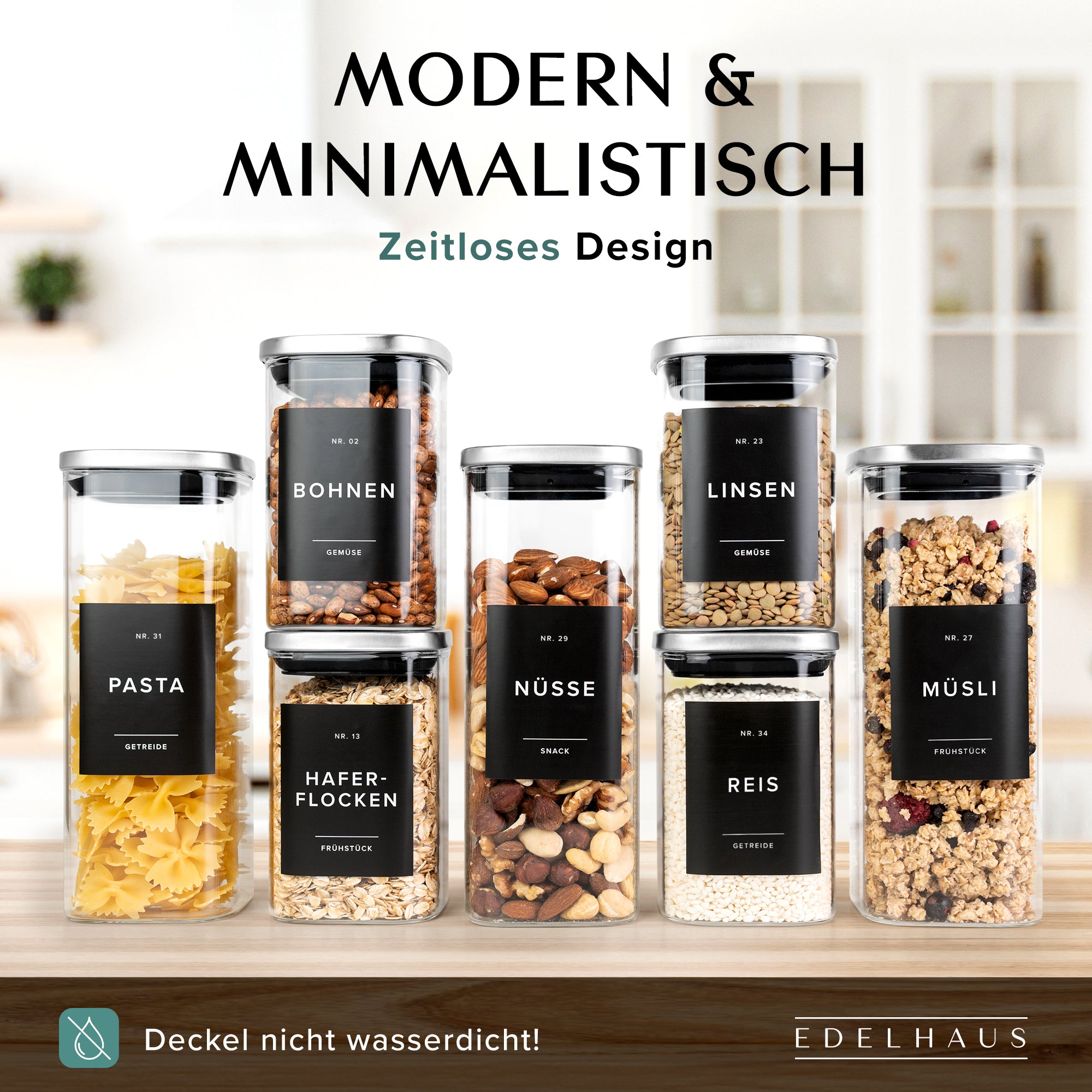 Vorratsgläser mit Deckel aus Edelstahl (4x 1000ml, 8x 600ml) Vorratsdosen mit Deckel & 114 Vorratsetiketten - Luftdichtes Vorratsglas - Stapelbare Glasbehälter