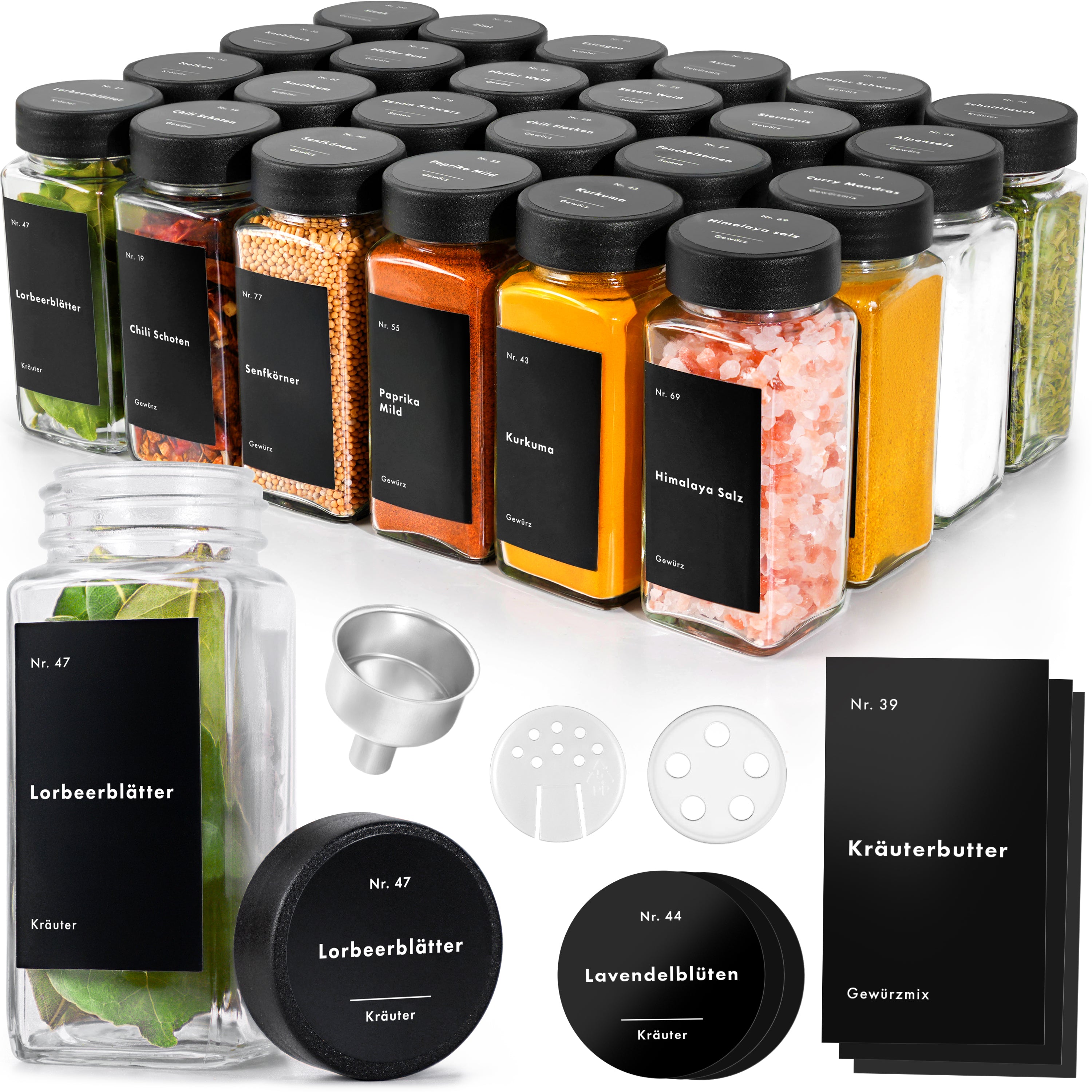 Gewürzgläser Eckig Set mit Plastikdeckel (24 x 120ml) Gewürzstreuer mit Streueinsatz und 240 Etiketten Schwarz
