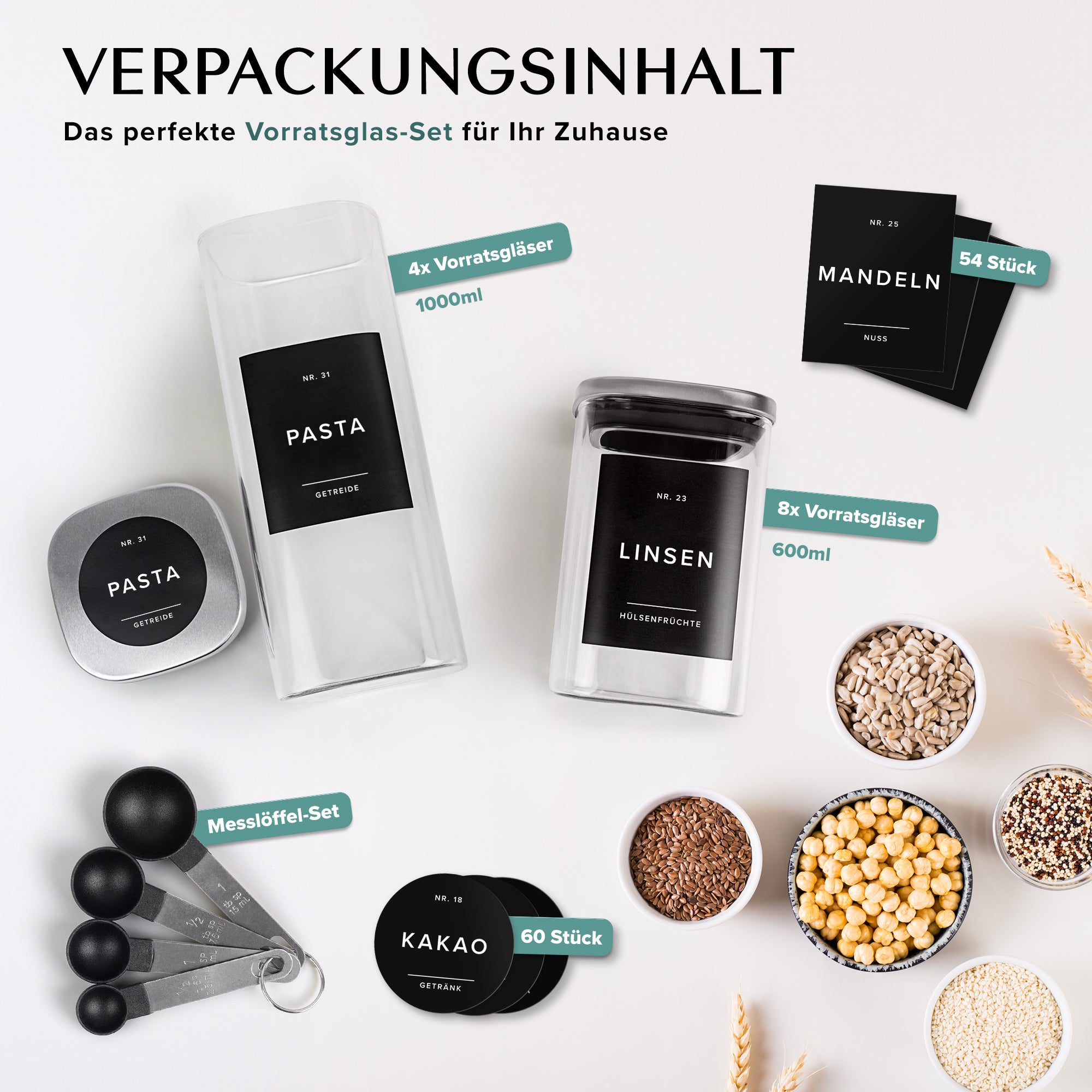 Vorratsgläser mit Deckel aus Edelstahl (4x 1000ml, 8x 600ml) Vorratsdosen mit Deckel & 114 Vorratsetiketten - Luftdichtes Vorratsglas - Stapelbare Glasbehälter