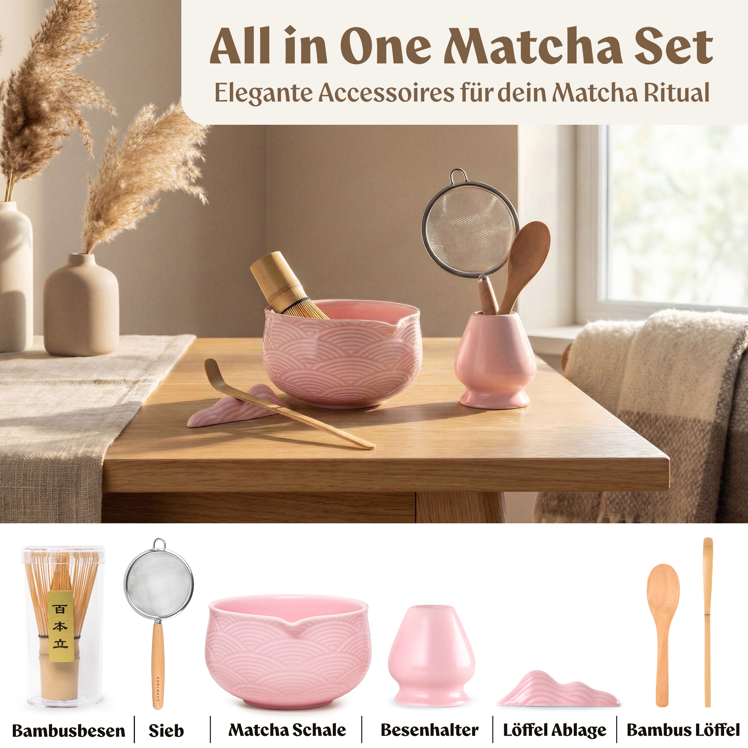 Matcha Set (7 Teilig) Matcha Schale mit Besen, Sieb, Löffel (Rose)