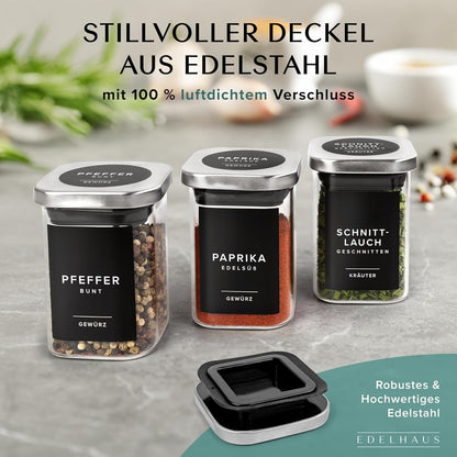 Edelstahldeckel Gewürzgläser 190ml (12 Stück) mit 160 Etiketten 