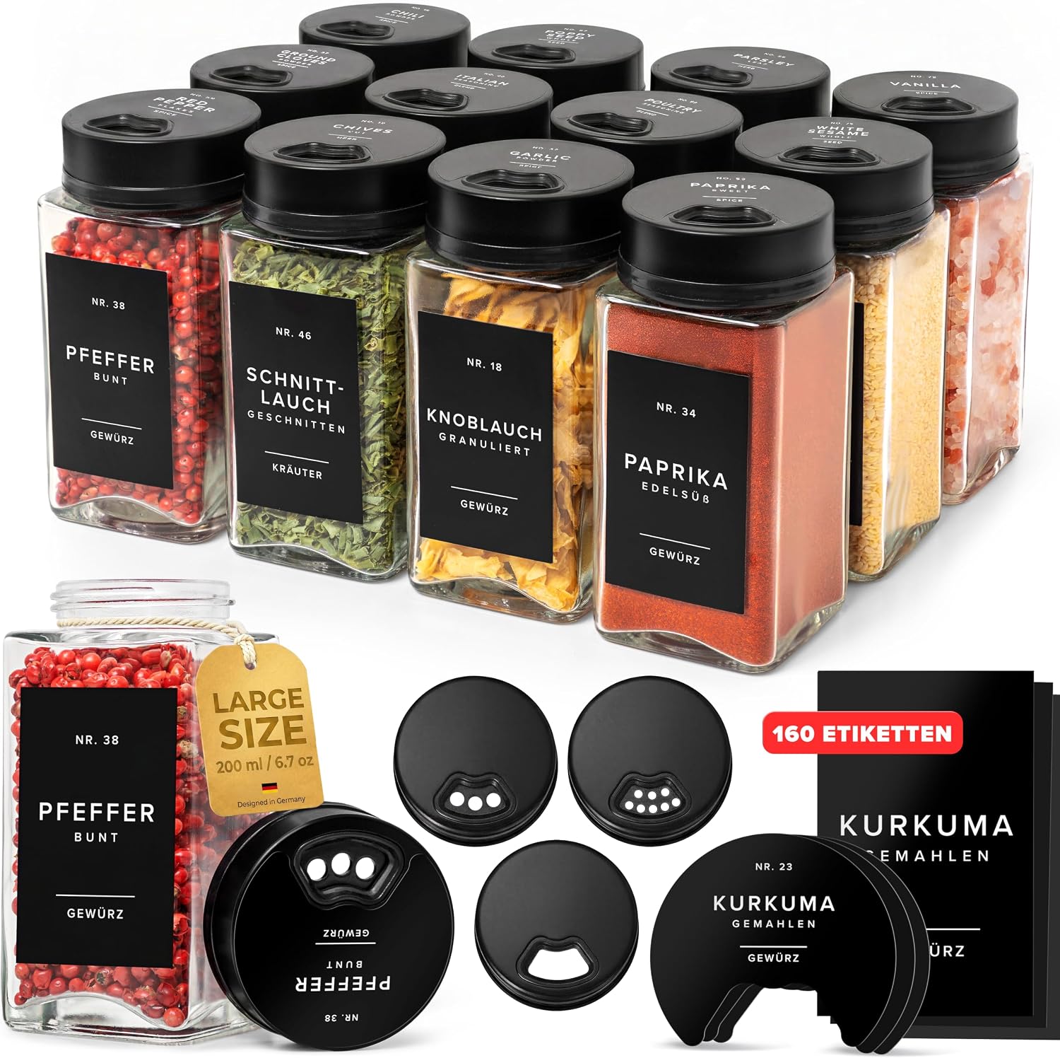 EDELHAUS Große Gewürzgläser Set (12 x 190-200ml)